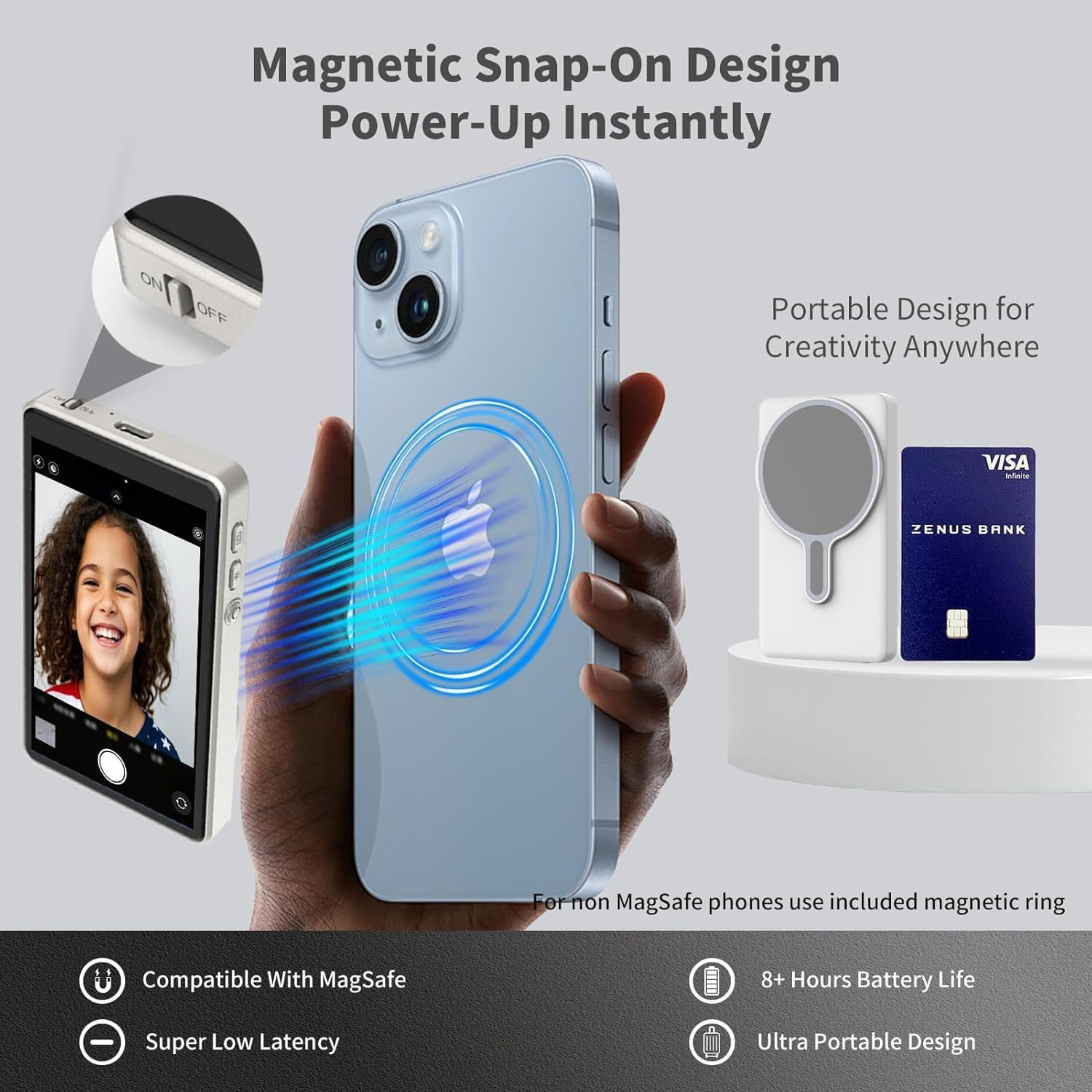 Magnetic Vlog Selfie Monitor Screen for Phone Vlog Selfie Monitor Screen Magnetic Mount for Magsafe Rear Camera for Selfie Vlog Live Stream Video Recording Wireless Connection (White) image number 2