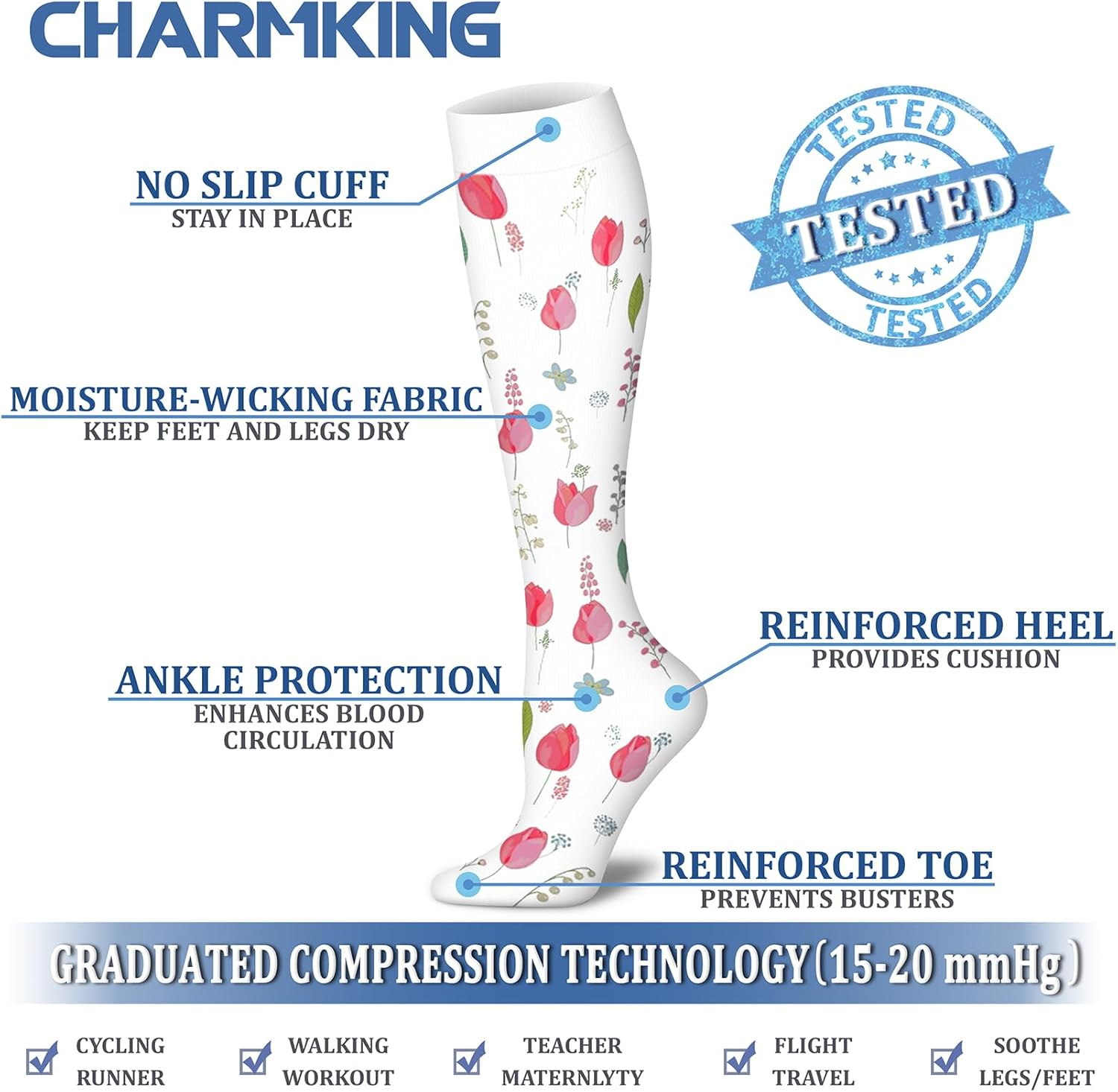 CHARMKING Compression Socks for Women & Men Circulation (8 Pairs) 15-20 Mmhg Is Best Support for Athletic Running,Hiking image number 2