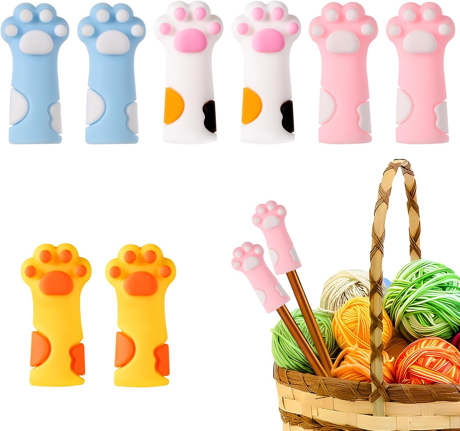 8Pcs Cat Paw Knitting Needle Stoppers, Silicone Cute Knitting Needle Point Protectors Caps Stitch Needle Tip Covers Knitting Accessories for 11-17 (0.31-0.5 Inch) Needles (Color Combination 1)