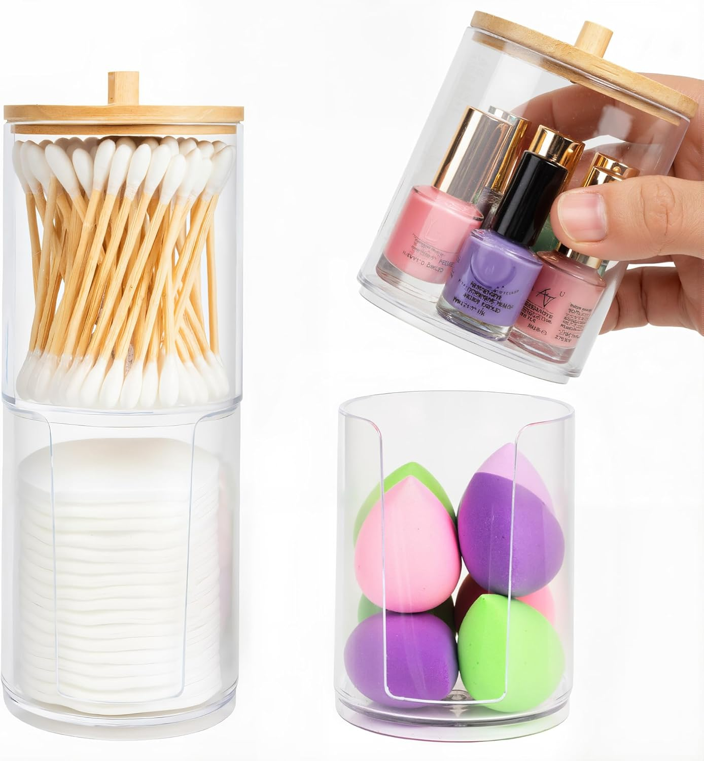 2-Pack Acrylic Organizer with Bamboo Lids - Stackable Bathroom Counter Holder & Dispenser for Cotton Balls, Swabs, Pads, Floss, Bath Salts image number 1