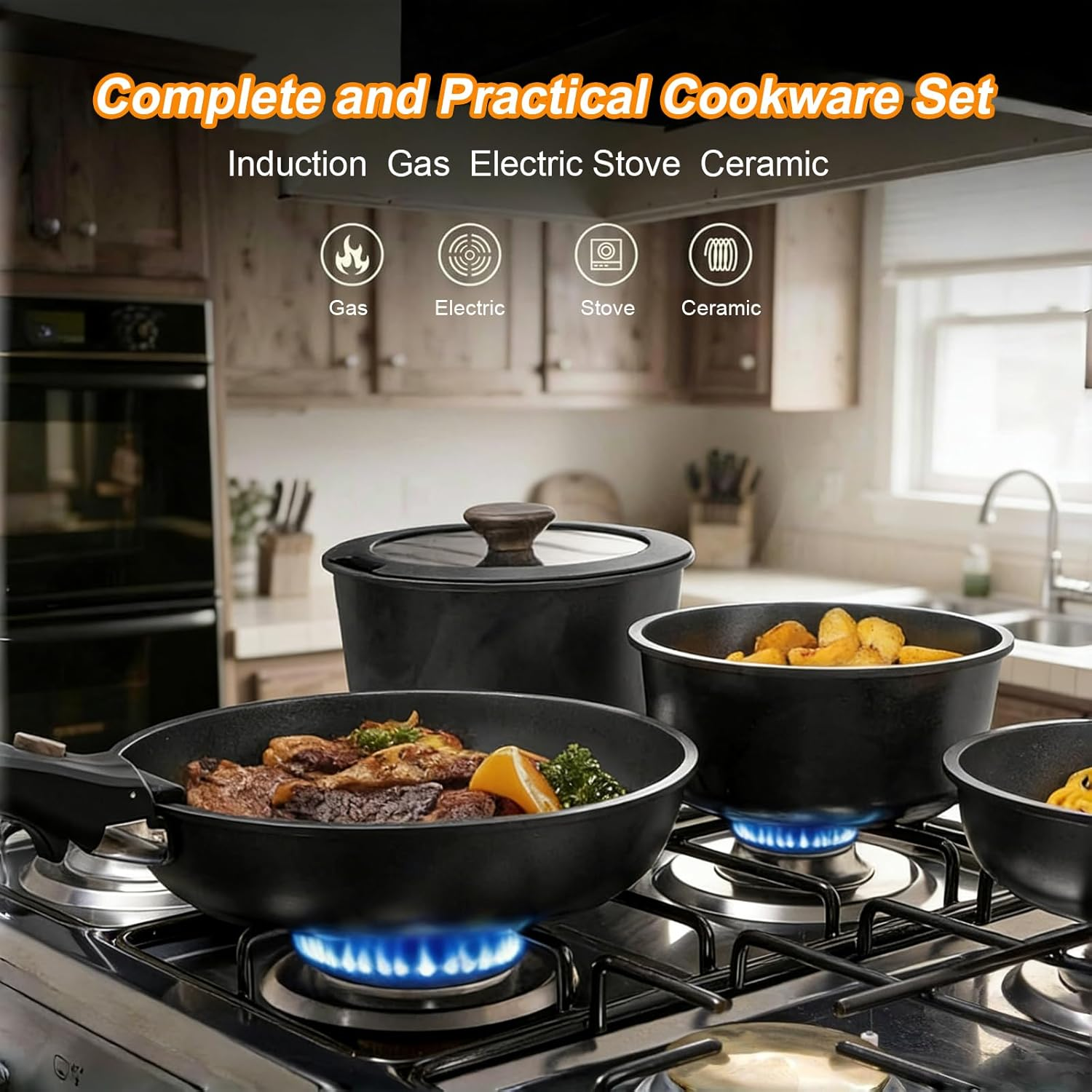 Yildue 23 Piece Pots and Pans Set, Detachable Handle Induction Cookware, Compatible with All Stoves,Non-Stick Stackable RV Kitchen Set, Dishwasher & Oven Safe (Black) image number 1