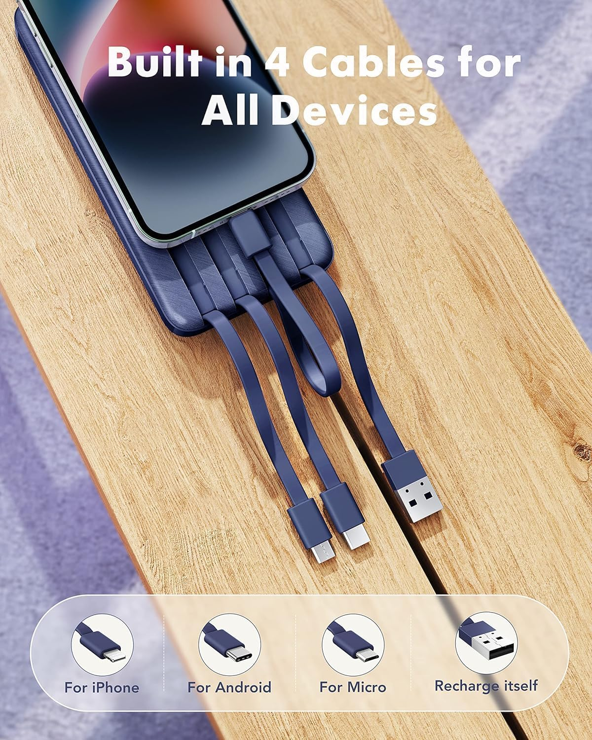 Charmast 10000Mah Power Bank Built in 4 Cables, Slim USB C Portable Charger, LED Display External Battery Pack with 6 Output and 3 Input, Compatible with Iphone, Samsung, Tablets and More(Blue) - Pink image number 3