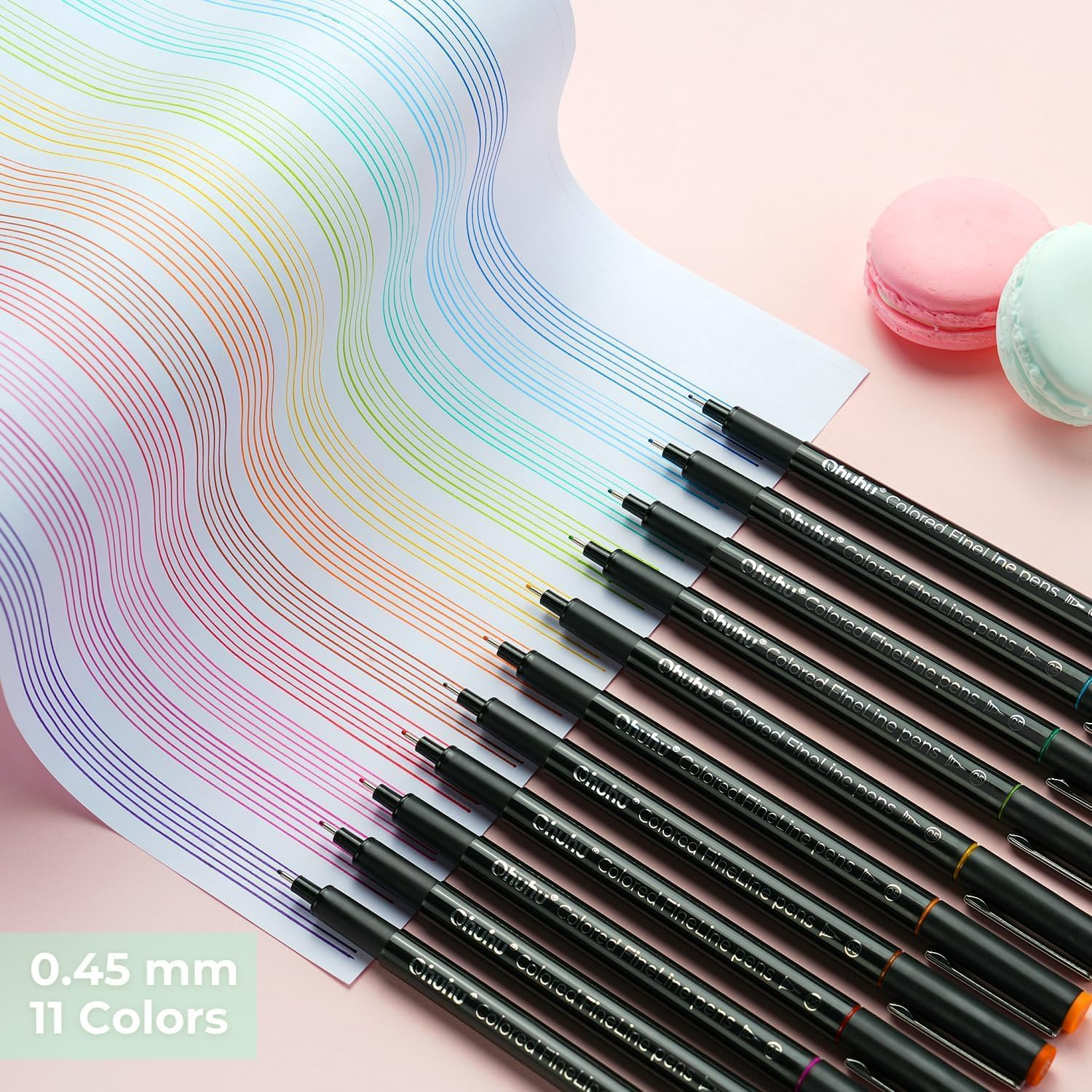 Ohuhu Colored Fineliner Drawing Pens: 18 Pack Fineliner Pens 0.45Mm 11 Colored Pens & 7 Assorted Point Sizes Black Micro Pens No Bleed Smooth Writing for Drawing Writing Sketching Artists Beginners image number 1