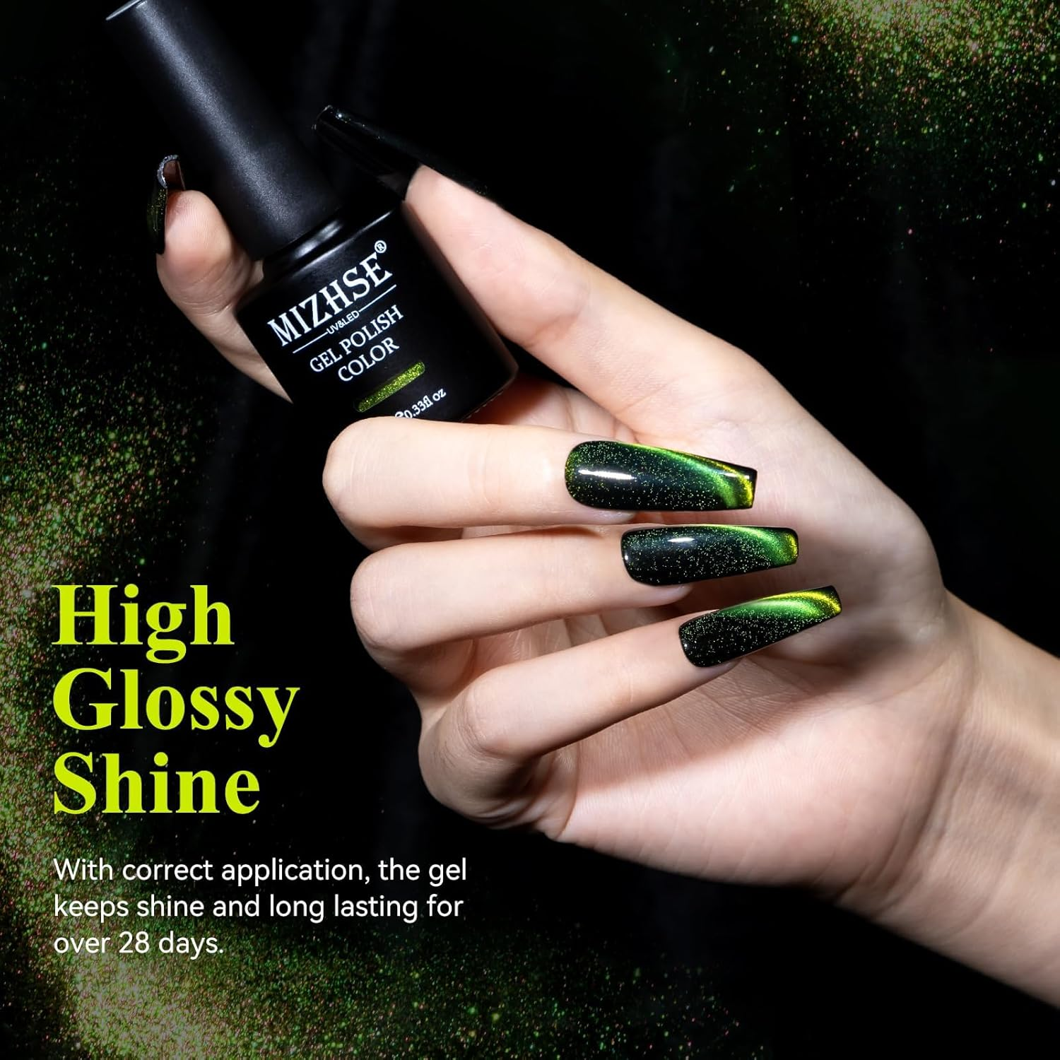 MIZHSE Cat Eye Gel Nail Polish, Bright Green Magnetic Gel Polish with Magnet Stick, Magic Shimmer Galaxy Effect Holographic Glitter Silky Cat Eye Nail Polish Soak off Nail Art Manicure at Home image number 5