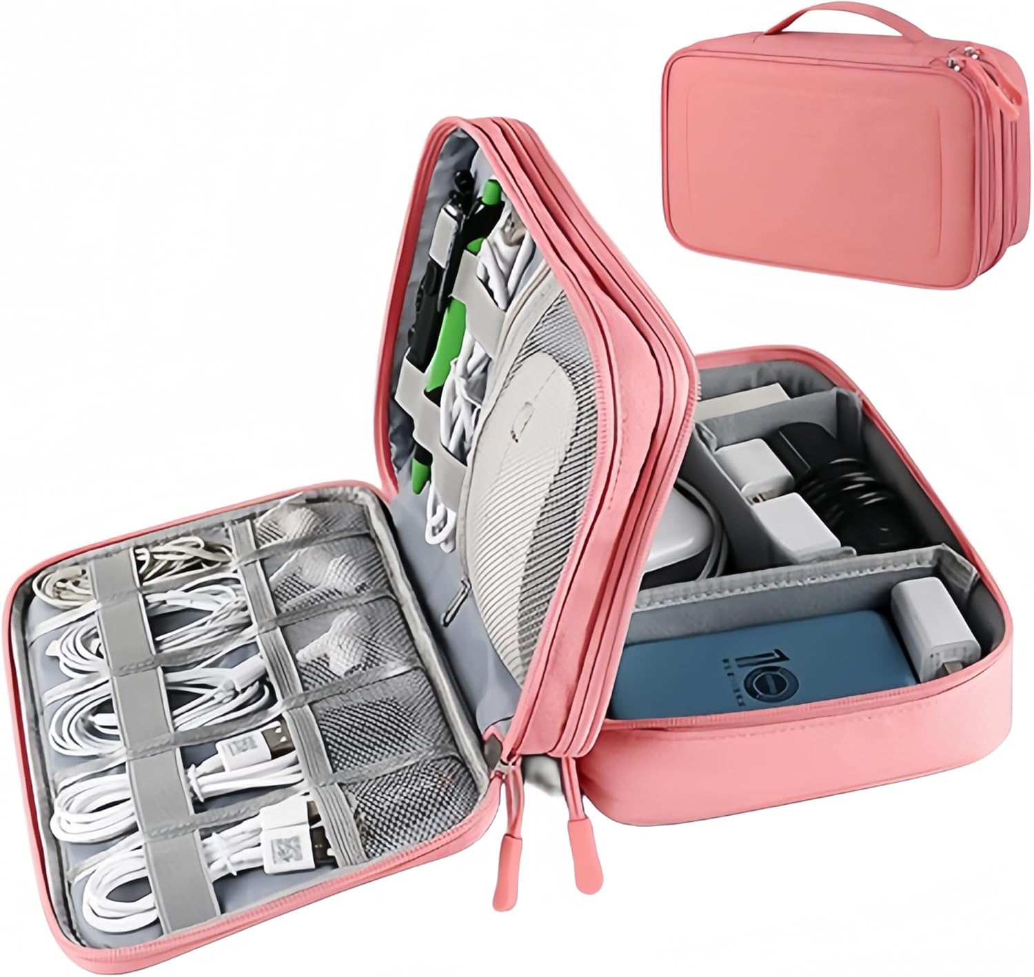 Travel Electronics Organizer Waterproof Double Layer Cable Storage Bag for Electronic Accessories, Large Shockproof Case for Cords, Tablets, Power Banks Organizer Bag MT-Y (Pink) image number 2