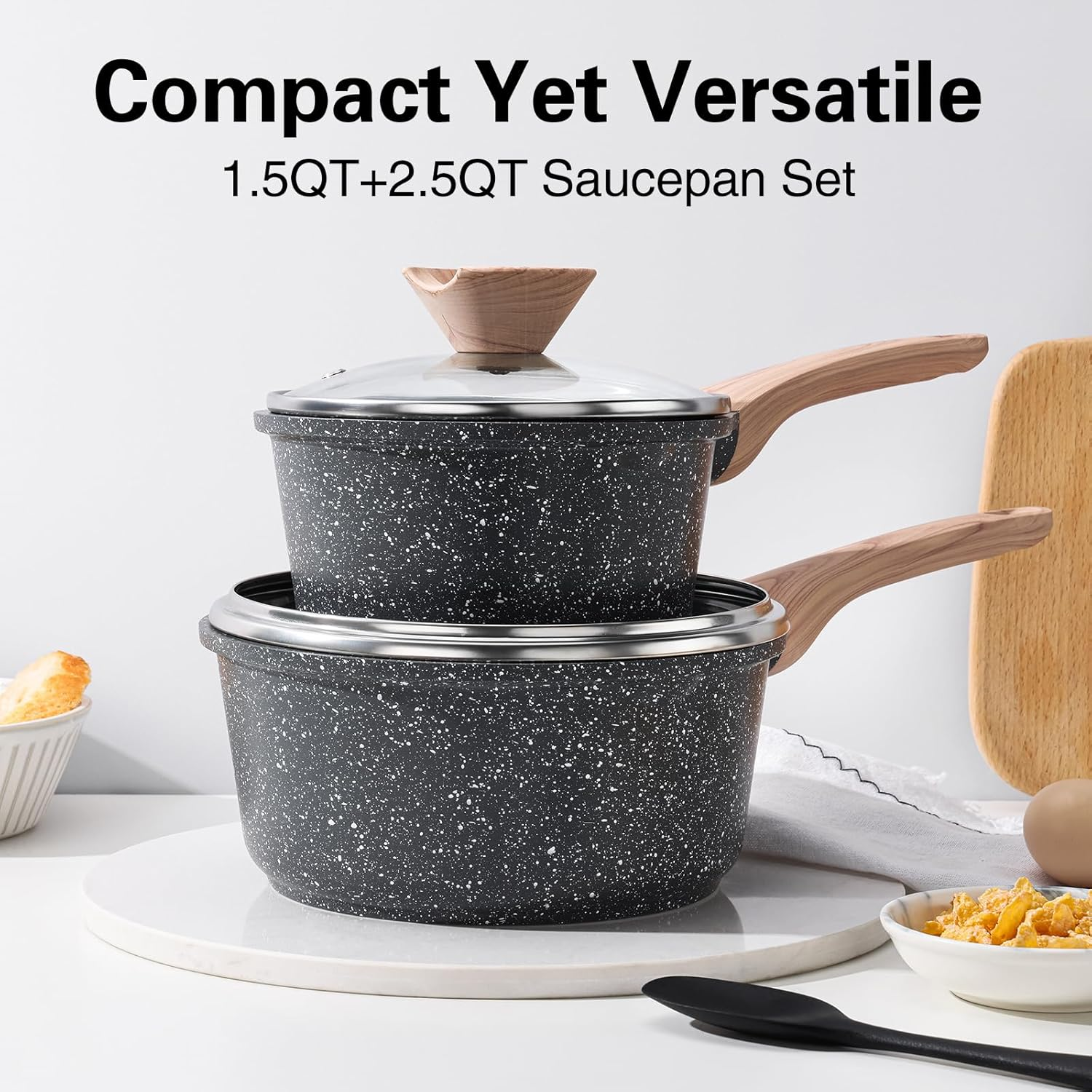 Kordisen Sauce Pan Set with Lid, 1.5QT & 2.5QT Non Stick Small Pot with Granite Coating, Saucepan with Pour Spout, Multipurpose Handy Induction Pot, Kitchen Cookware Cooking Pot, PFOA/PFOS Free image number 6