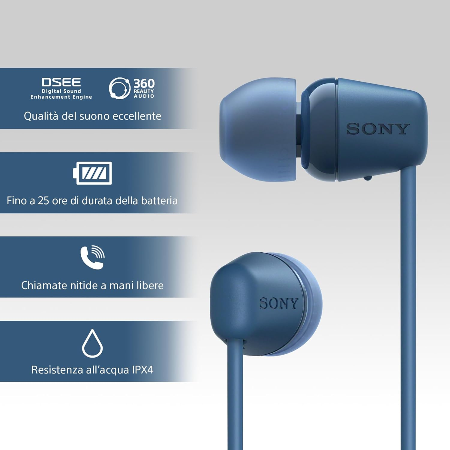 Sony WI-C100 Wireless In-Ear Headphones - up to 25 Hours of Battery Life - Water Resistant- Built-In Mic for Phone Calls - Voice Assistant Compatible - Reliable Bluetooth&reg; Connection - Blue - White image number 6