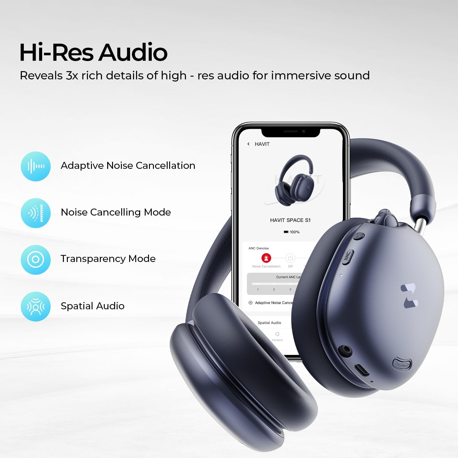 Havit H670BT Adaptive Active Noise Cancelling Headphones, LHDC Bluetooth 6.0 Hi-Res Wireless over Ear Bluetooth Headphones with 5 Mic ENC, 100H Playtime, Overhead Headphones with Spatial Audio image number 2