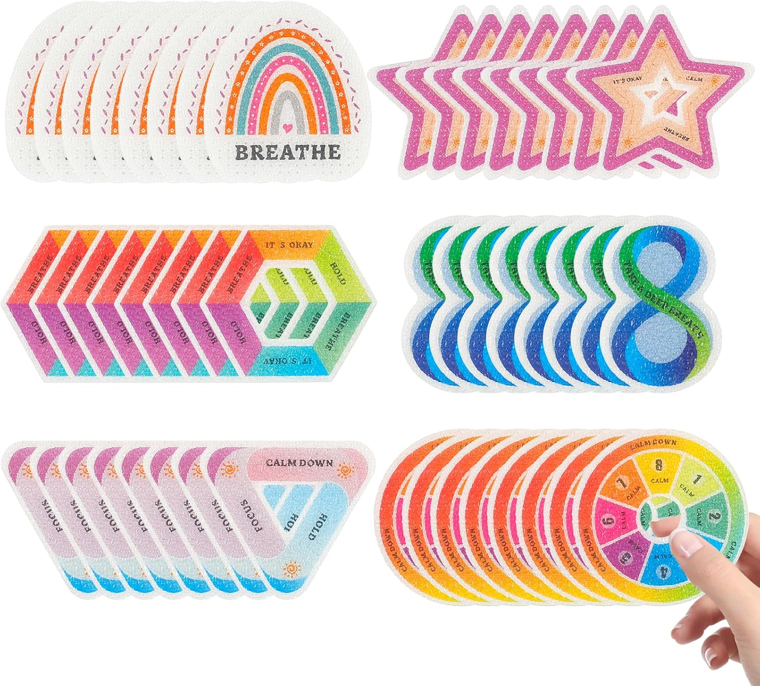 48Pcs Calm Stickers Set 6 Styles Tactile Rough Textured Stickers Cute Reusable Sensory Stickers with Strong Adhesive Backing Funny Calming Stickers for Kids Adults School Classroom image number 5