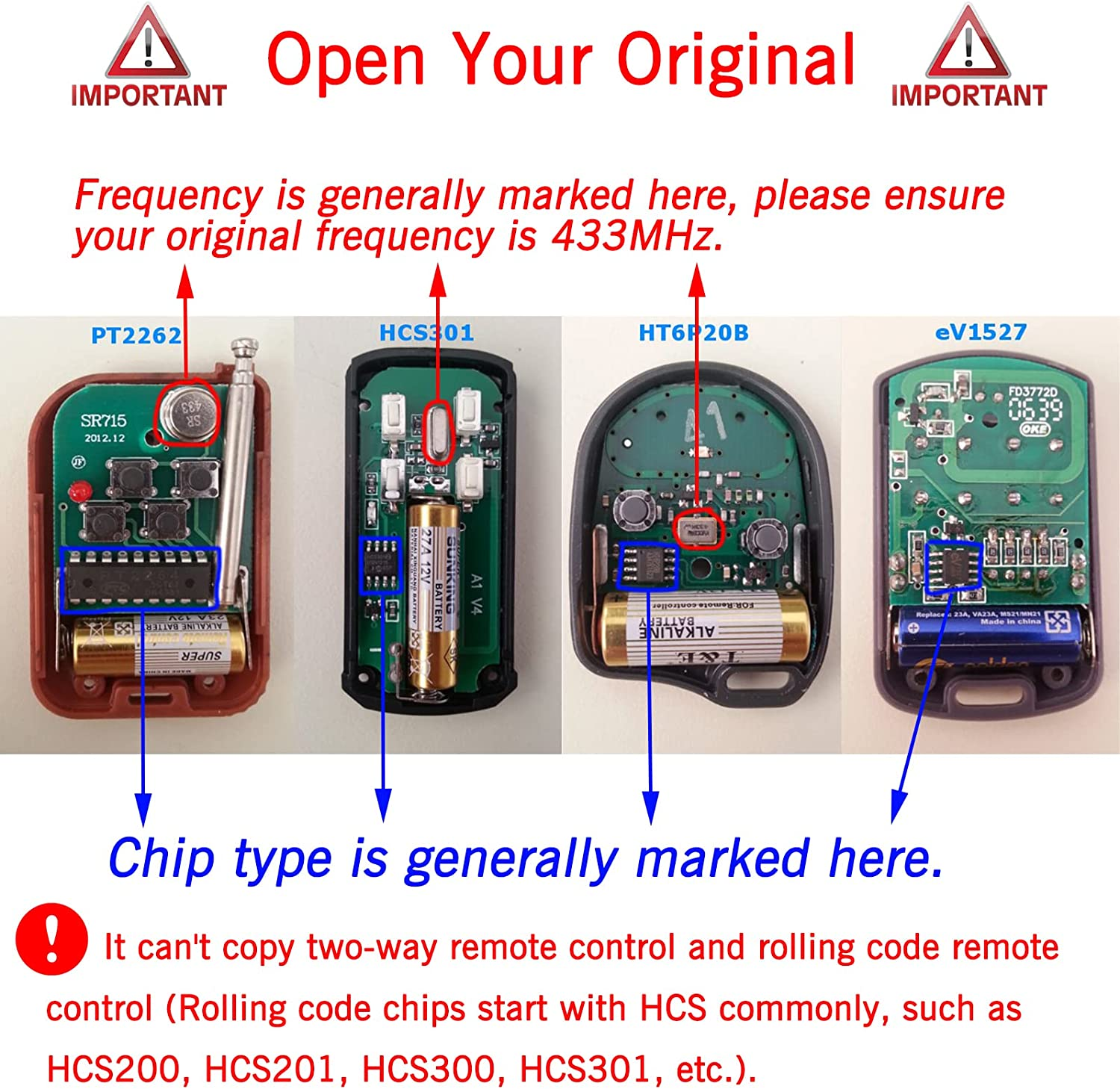 2-Pack 433.92Mhz Garage & Gate Door Remote Control Cloning Duplicator - 4 Buttons Wireless Keychain Transmitter for Auto Sliding/Driveway Gates/Car/Skylight, Compatible with Most Non-Encrypted Openers image number 4