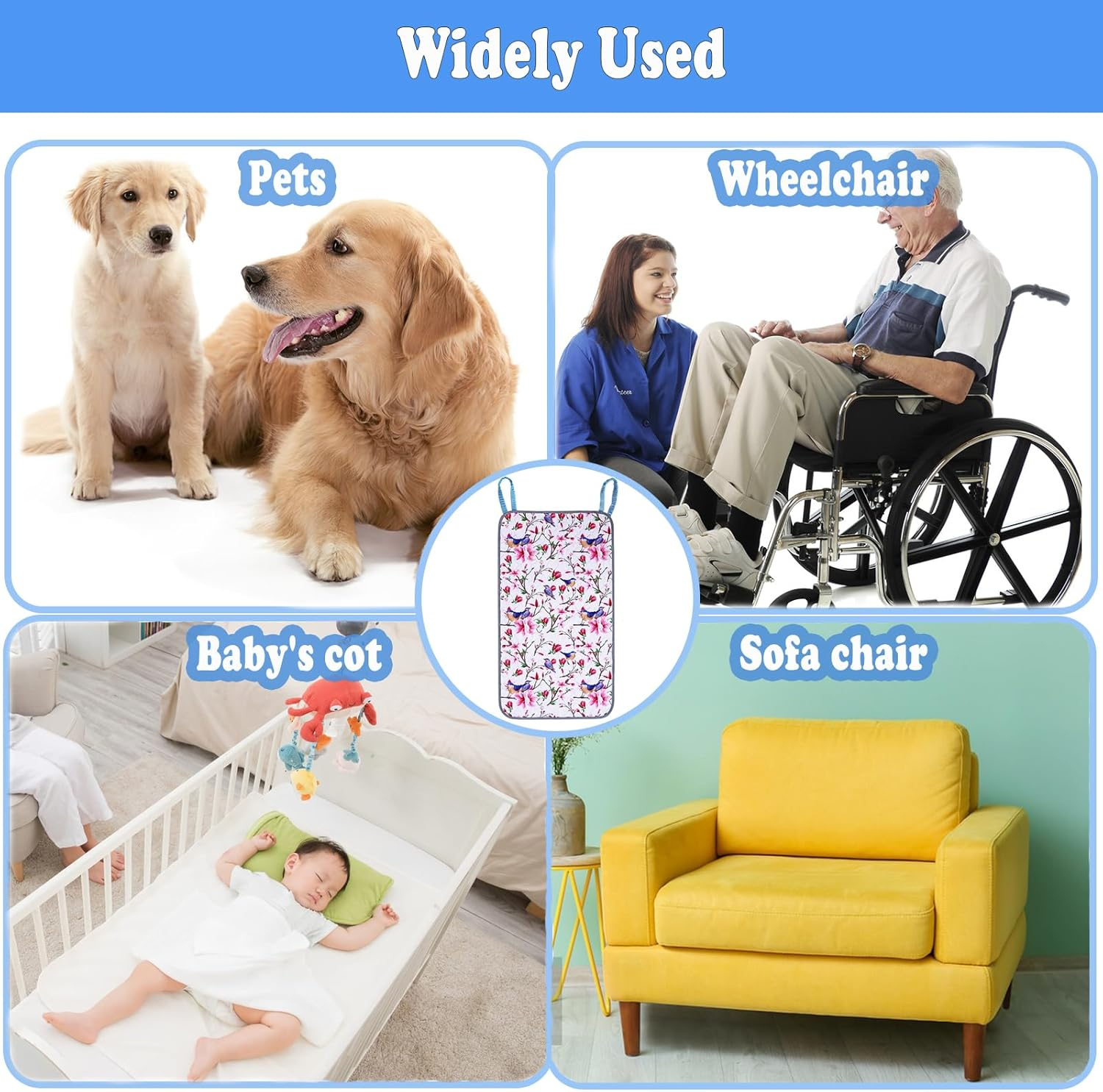 Waterproof Chair Pads for Incontinence, Reusable Washable Wheelchair Pads for Seat with Handles, Highly Absorbent Wheelchair Cover for Adults and Elderly Pink 35.4" X 19.68" image number 2