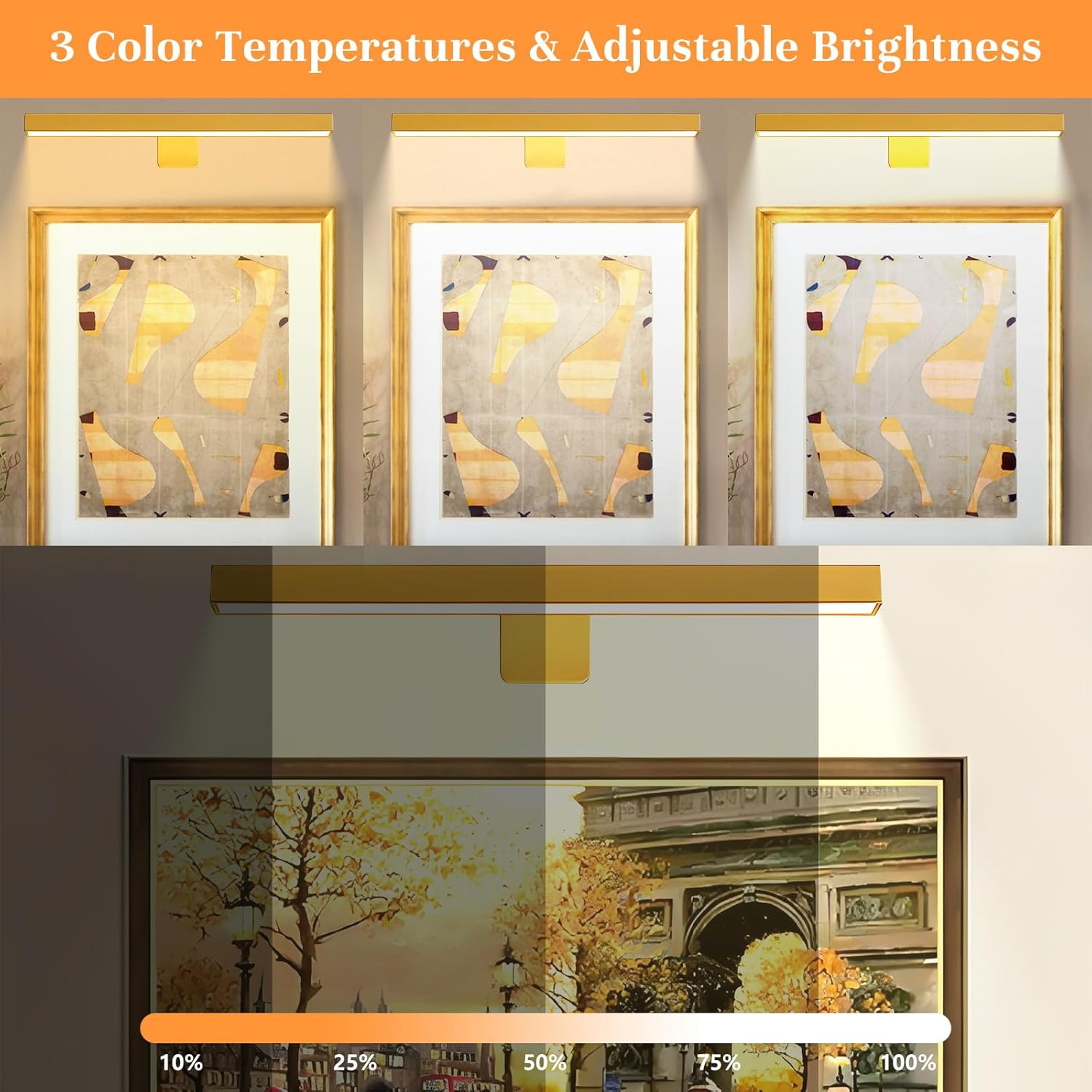 Picture Light Battery Operated, 16In Wireless Art Light Rechargeable, Cordless Display for Paintings with Remote, Timer, Dimmable Wall Sconce for Portraits, Frames, Gallery (Gold) image number 1