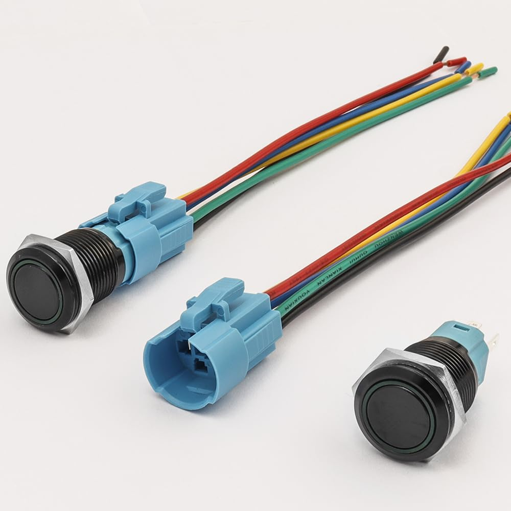 Yakamoz 2Pcs 16Mm Latching Push Button Switches, 12V on off Reset Button with Sockets Green LED Wiring Harness, Waterproof Marine Push Button for Car (Black Shell) image number 1
