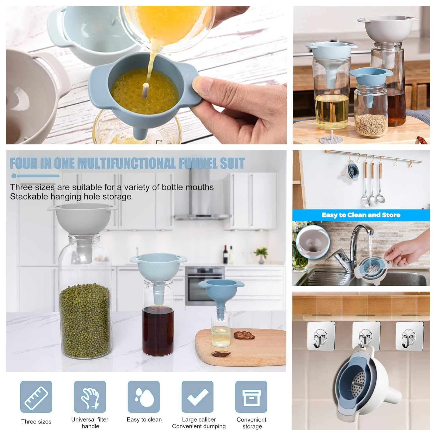 Taicols 4 Pcs Plastic Funnel, Kitchen Funnel with Detachable Strainer Filter, Large Wide Mouth Funnel with Strainer, 4 in 1 Kitchen Funnels for Filling Bottles, Stackable Funnels for Filling Bottles image number 5