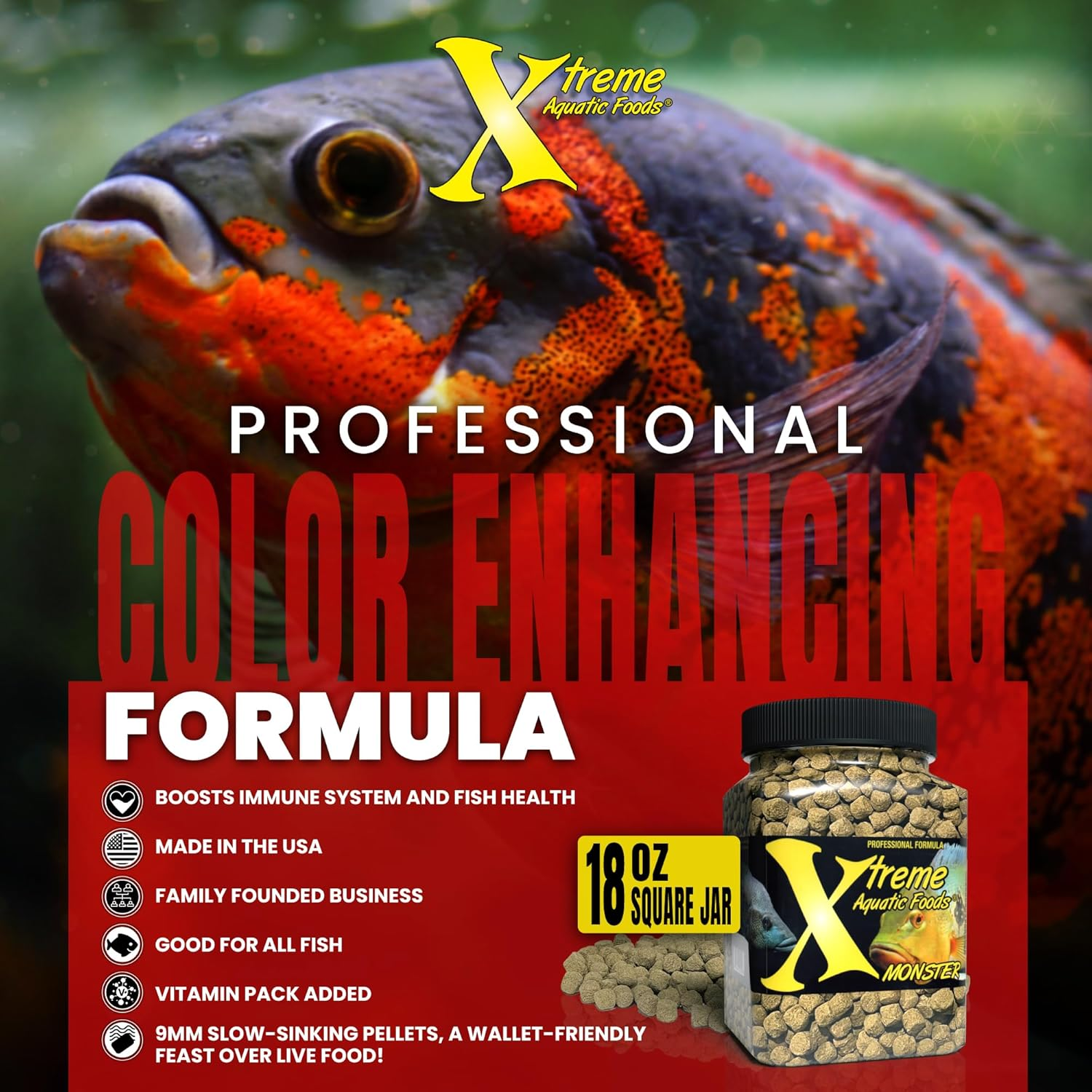 Xtreme Aquatic Foods Monster 9Mm Sinking Pellets Fish Food 510 Grams (18Oz) - for Jumbo, Large, Predatory, Carnivorous Fish, Cichlids, Peacock Bass, Also Suitable for Fry and Turtles