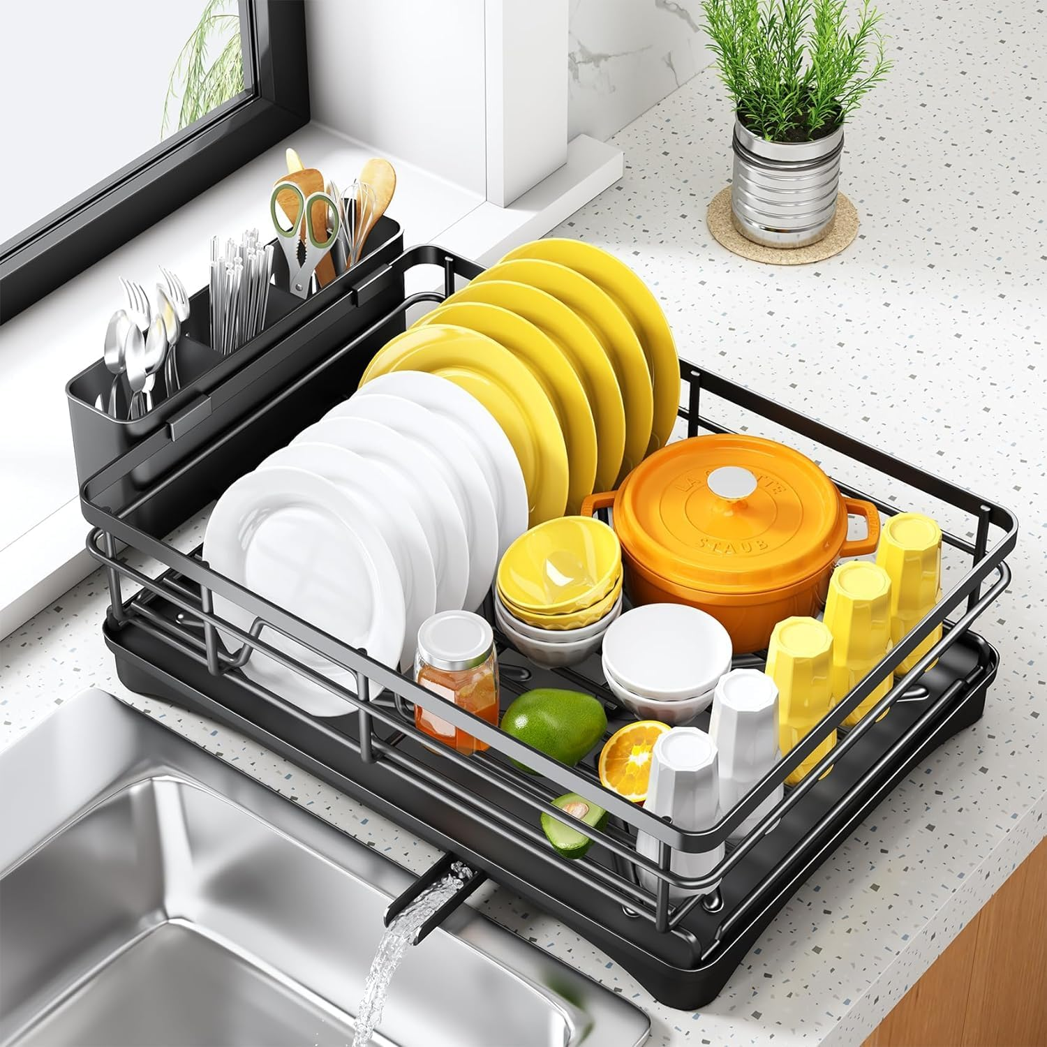 Iron Dish Drying Rack with Drainboard, Heavy-Duty Adjustable Spout Dish Drainer with Utensil Holder, Knife Slots and Non-Scratch Feet, Rustproof Kitchen Sink Organizer for Countertop Storage image number 2