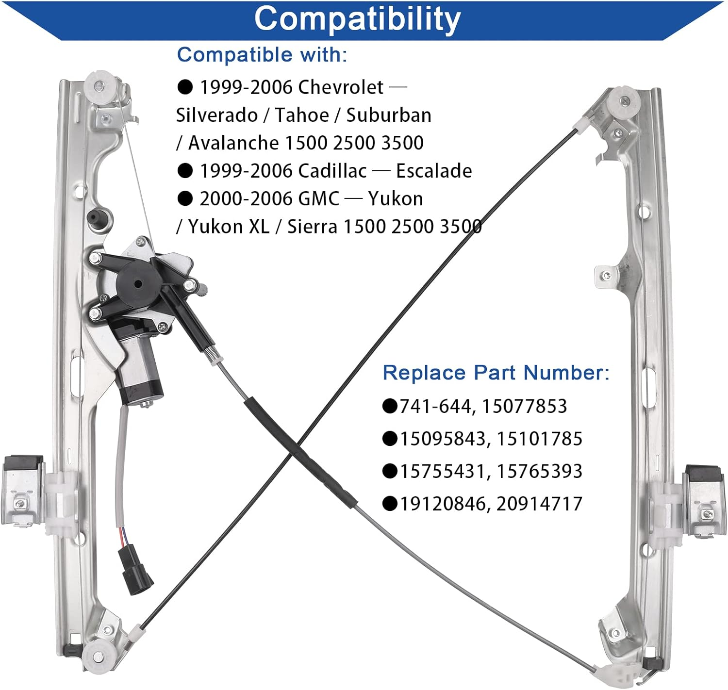 Obaee 741-644 Front Left Driver Side Power Window Regulator & Motor Assembly Compatible with Chevrolet/Chevy Silverado Tahoe Suburban/Gmc Yukon XL Sierra Escalade Pickup Truck SUV 2000-2006 image number 3