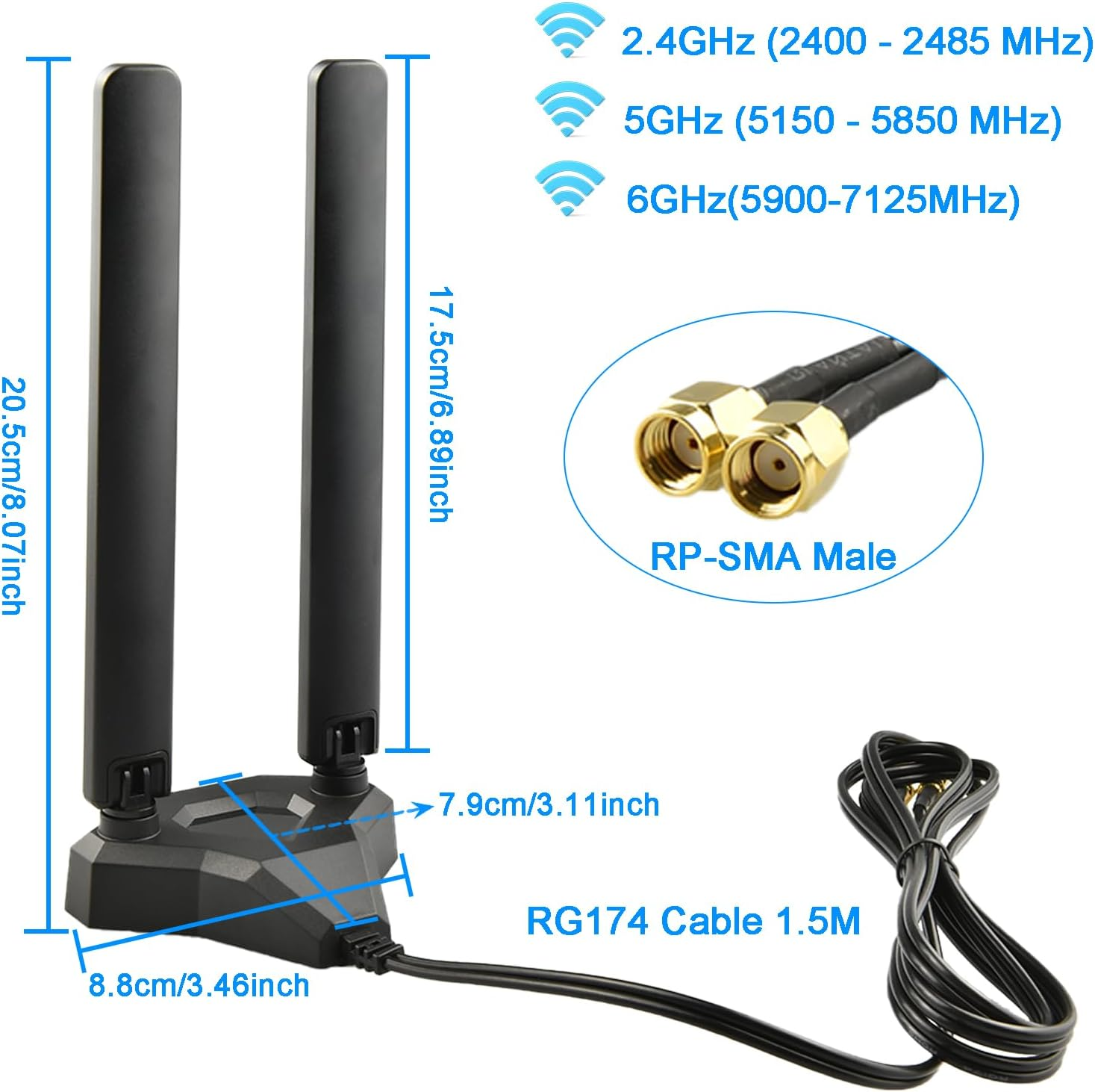 BOOBRIE Wifi 6E Tri-Band High-Gain Wifi Antenna Magnetic Base 2400-2500/5150-5850/5900-7125Mhz with Dula1.5M RP-SMA Male RG174 Cable for PCI-E Wireless Router Hotspot Network Range Extender Booster
