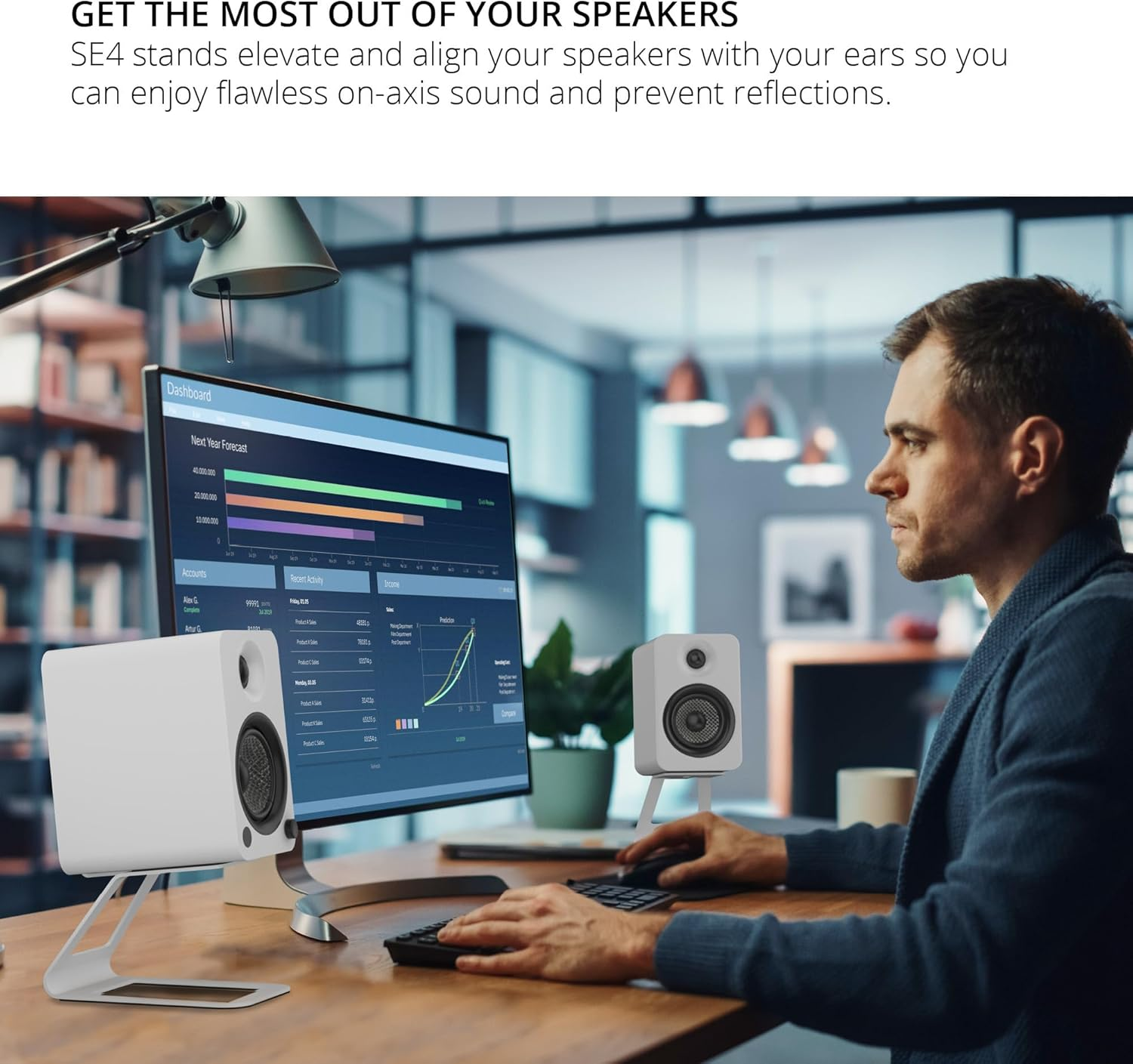 Kanto SE4W Elevated Desktop Speaker Stands for Medium Bookshelf Speakers & Mid-Size 3&rdquo;-4&rdquo; Studio Monitors | 5.6&rdquo; Tall | Supports 9 Lbs | Damping 2.0 Mm Silicone Padding | &frac14;&rdquo;-20 Mounting | White | Pair - Black image number 2