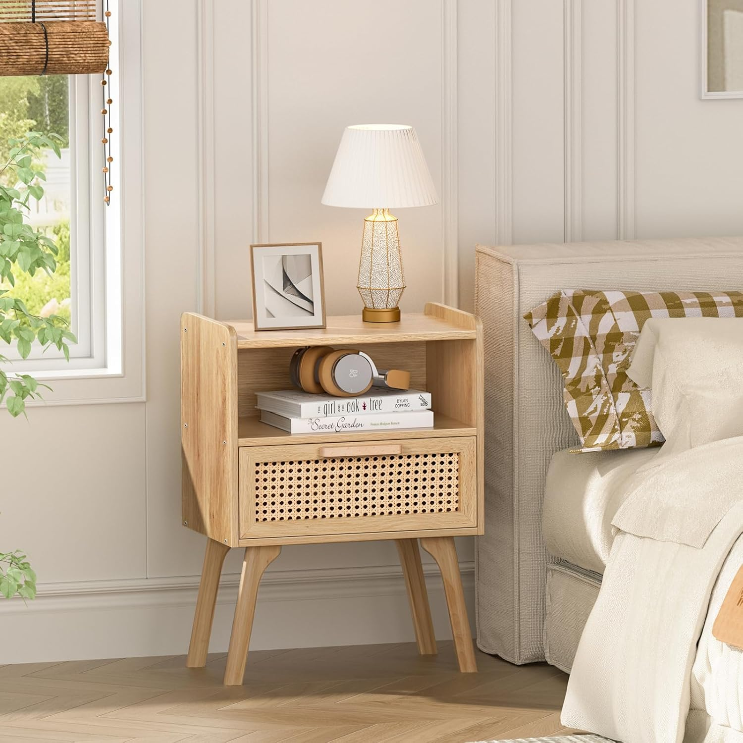 LELELINKY Rattan Nightstand, Small Side Table with Wooden Drawer and Open Shelves, Bedside Table with Solid Wood Legs, Living Room Sofa End Table, Bedroom Night Stand image number 4
