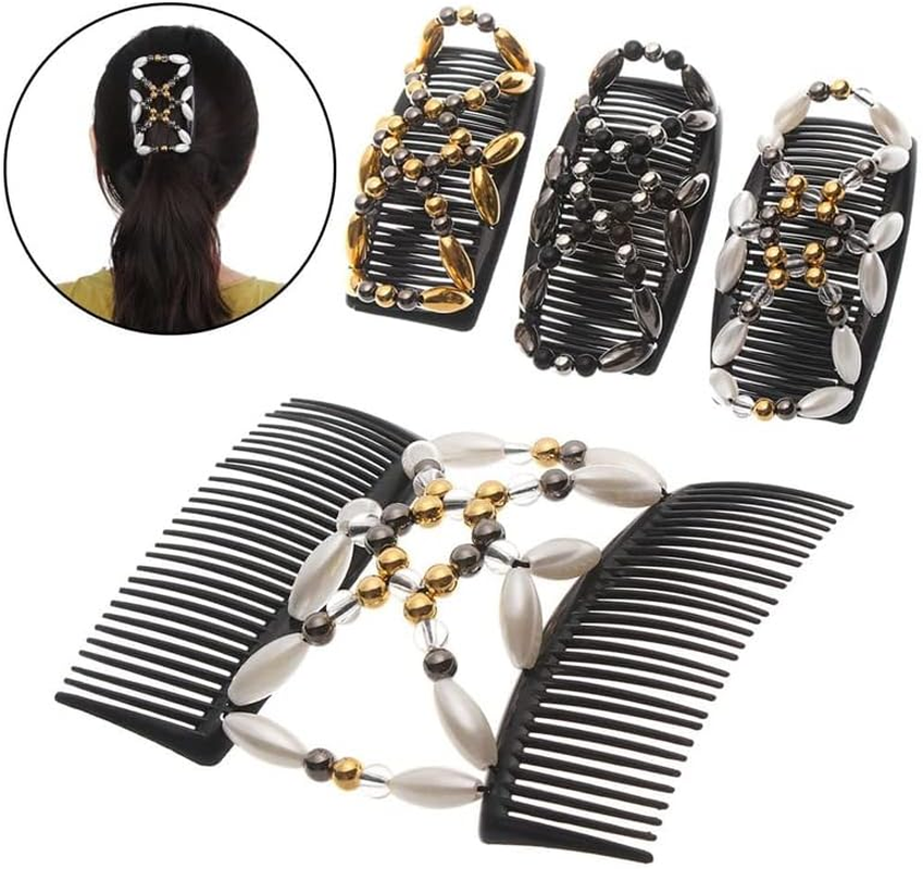 Stretch Combs Magic Hair Clips，Beaded Stretchy Easy Magic Hair Comb Elastic Double Hair Clip Hair Accessories，Perfect French Twist Holder image number 4