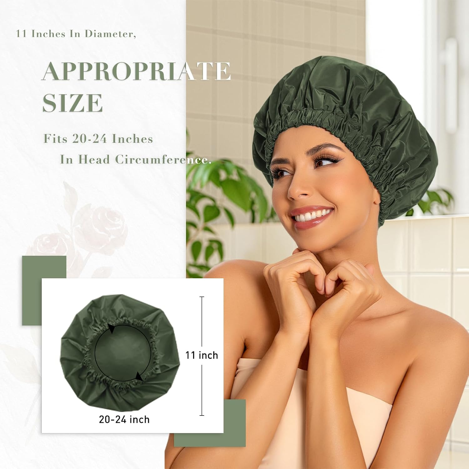 Reusable Shower Cap for Women, Large Waterproof Shower Bonnet Washable Elastic Band Bath Hair Hat for Long Hair, Braids(Green) - Blackgray image number 2