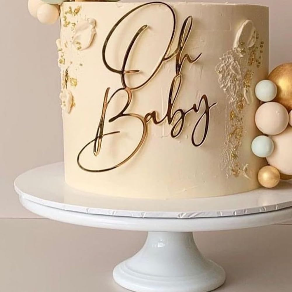 Oh Baby Cake Topper, Golden Acrylic Baby Party Cake Decoration, Baby Baptism or New Baby Gender Reveal Party Cake Decoration image number 1