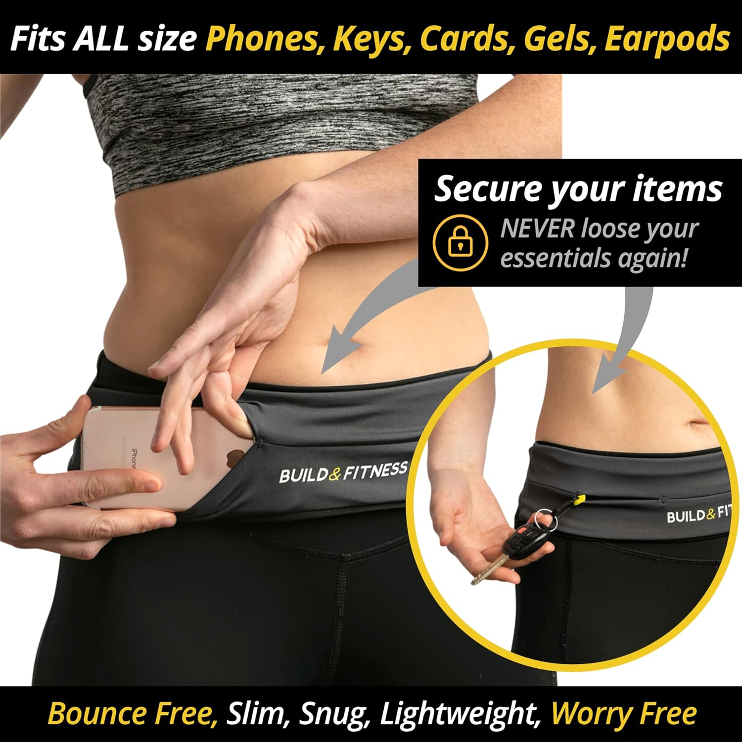 Running Belt, Fitness Belt, Flip Waist Belt with Key Clip, Fits All Phone Sizes. Unisex. for Gym Workouts, Exercise, Cycling, Walking, Jogging, Marathons, Yoga, Sport, Travel & Outdoor Activities image number 3