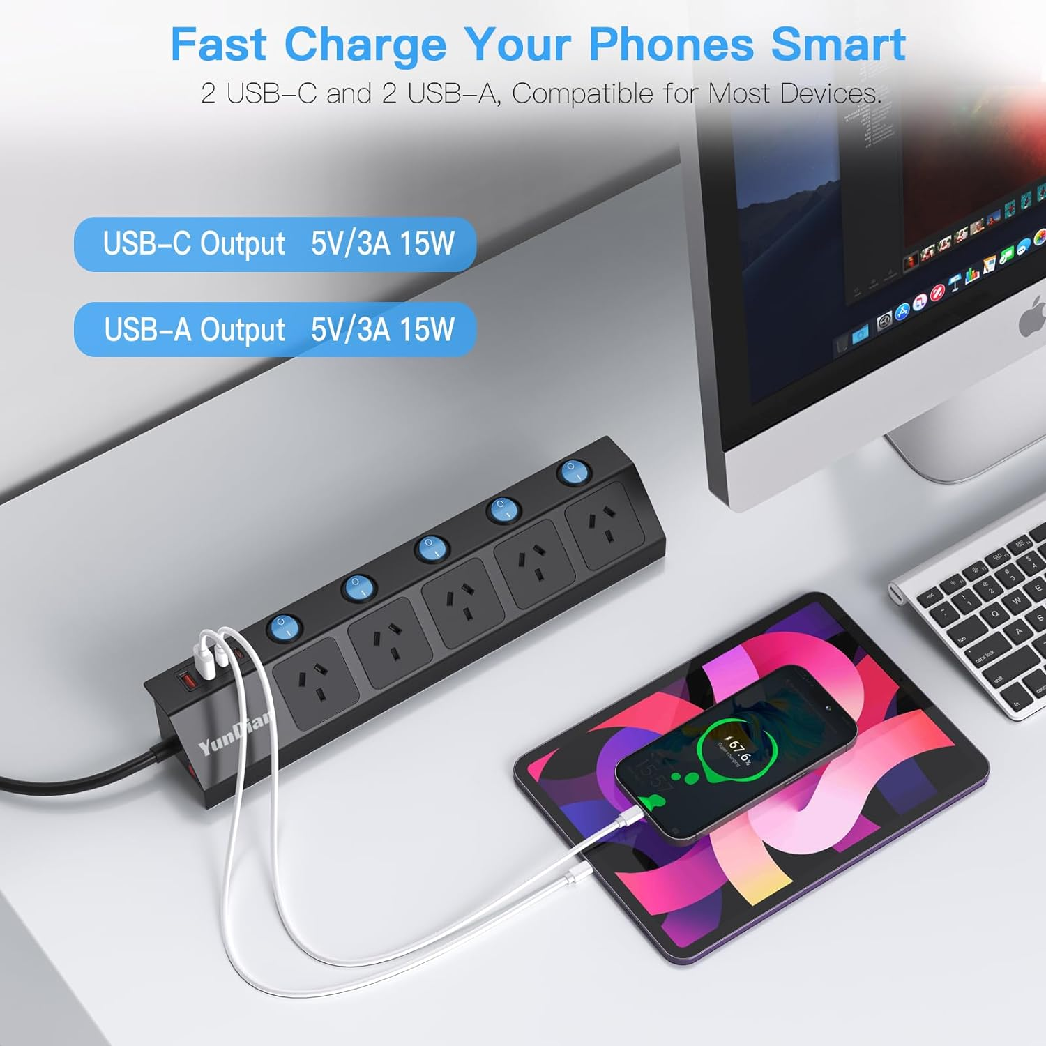 Yundian Power Strip with Individual Switches, 5 AC Outlets, 2 USB a and 2 USB C Surge Protector 2M Extension Cord, 2400W/10A, 170 Joules, USB Power Board Switch for Home and Office Use (Black) image number 3