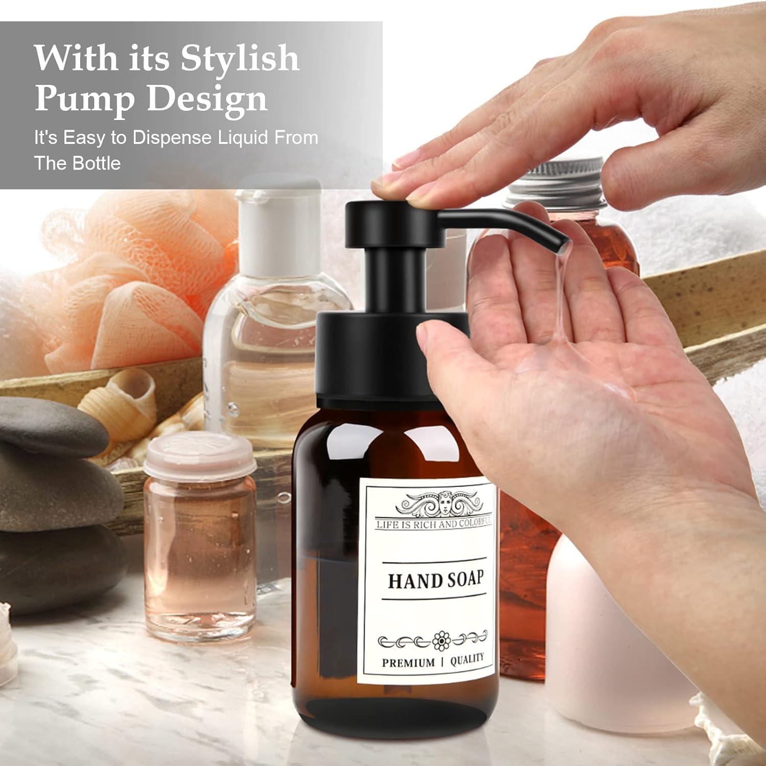 Glass Soap Dispenser with Pump and Wall Mount Holder,8.5 Oz Shampoo and Conditioner Dispenser with Waterproof Labels(Brown) image number 2