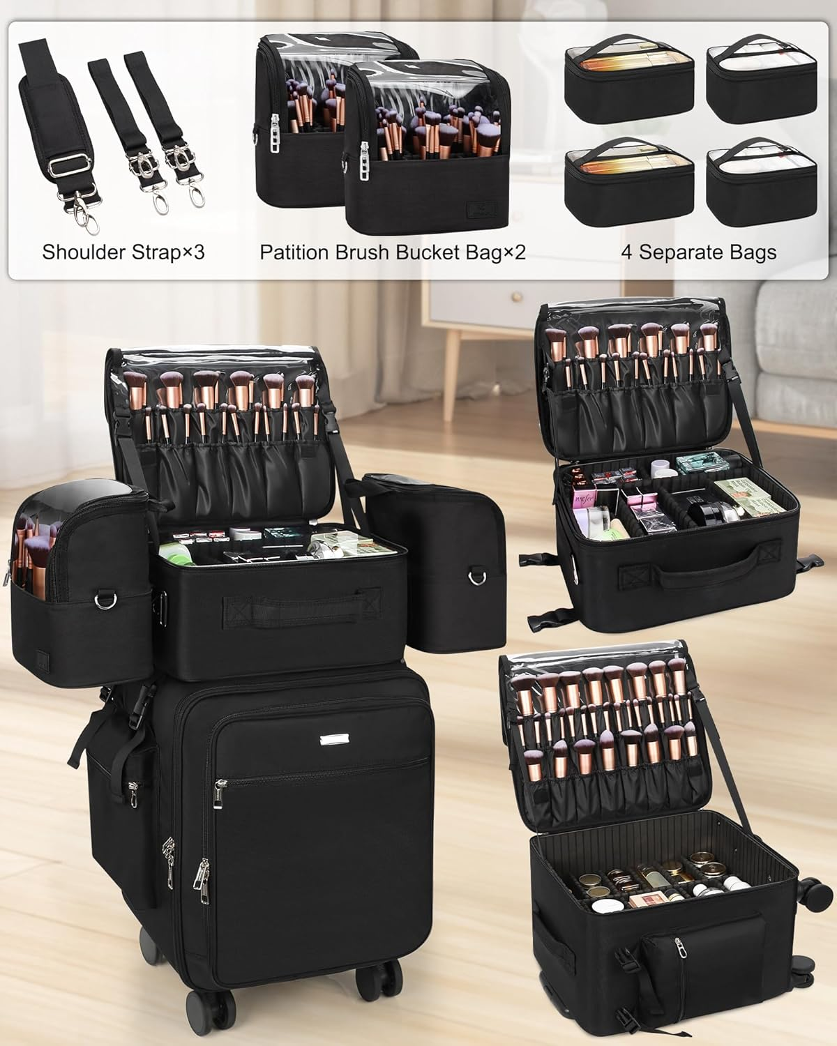 Rolling Makeup Case Professional Makeup Train Case Makeup Artist Travel Organizer 4 in 1 with Detachable Cosmetic Case and Dual Makeup Brush Case and Wheels (Black, 4-Pack)