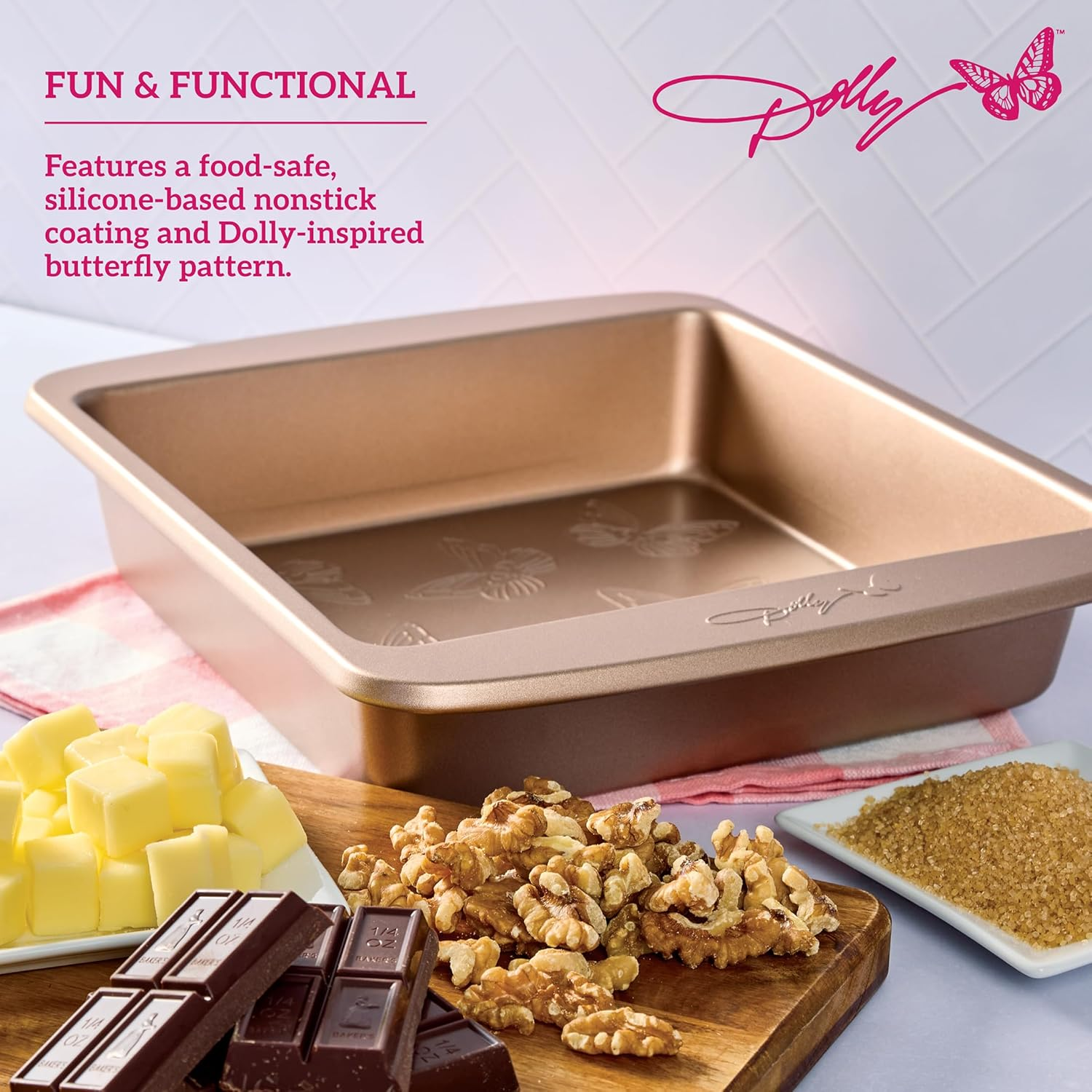 Dolly Parton Butterfly Stamp Square Cake Pan &ndash; Carbon Steel Nonstick Bakeware with Textured Butterfly Design, Durable Rolled Rim, Oven Safe to 450F, Perfect for Cakes, Cheesecakes and Savory Bakes image number 2