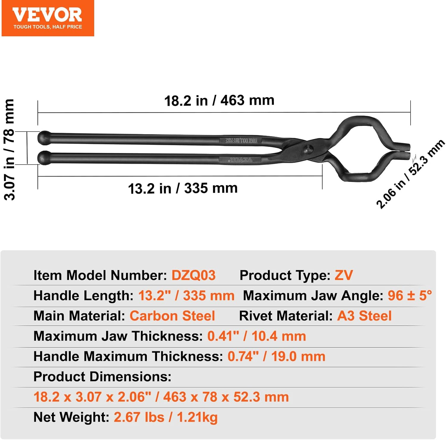 VEVOR Blacksmith Tongs, 463Mm Z V-Bit Tongs, Carbon Steel Forge Tongs with A3 Steel Rivets, for Knife Blades, Long Pieces, Circular Forgings, for Beginner and Seasoned Blacksmiths and Bladesmiths image number 1
