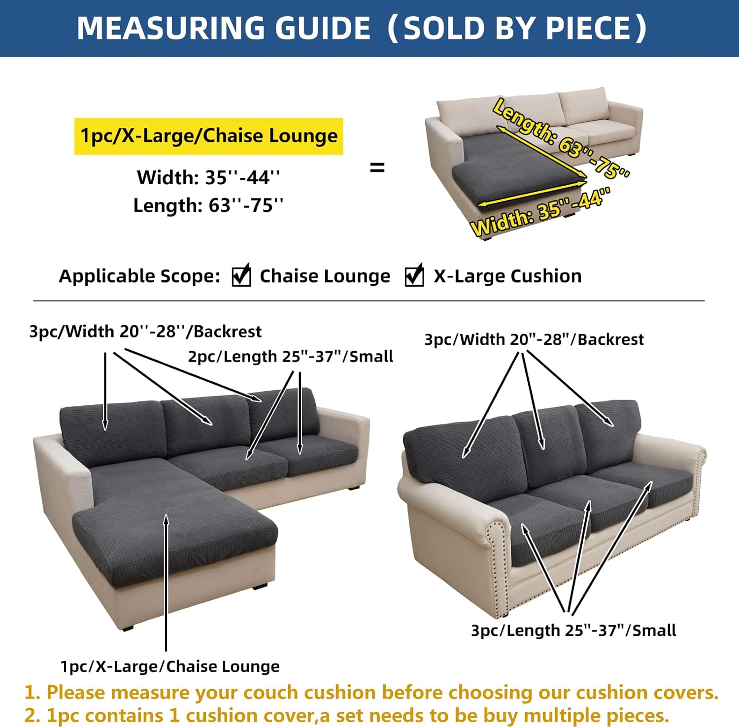 Eismodra Sectional Couch Covers Chaise Cushion Cover for Sofa L Shape Chaise Lounge Magic Stretch 3 Cushion Couch Slipcover for Dogs L Shaped Replacement Protector,Dark Gray X-Large(Only 1 Piece) image number 5