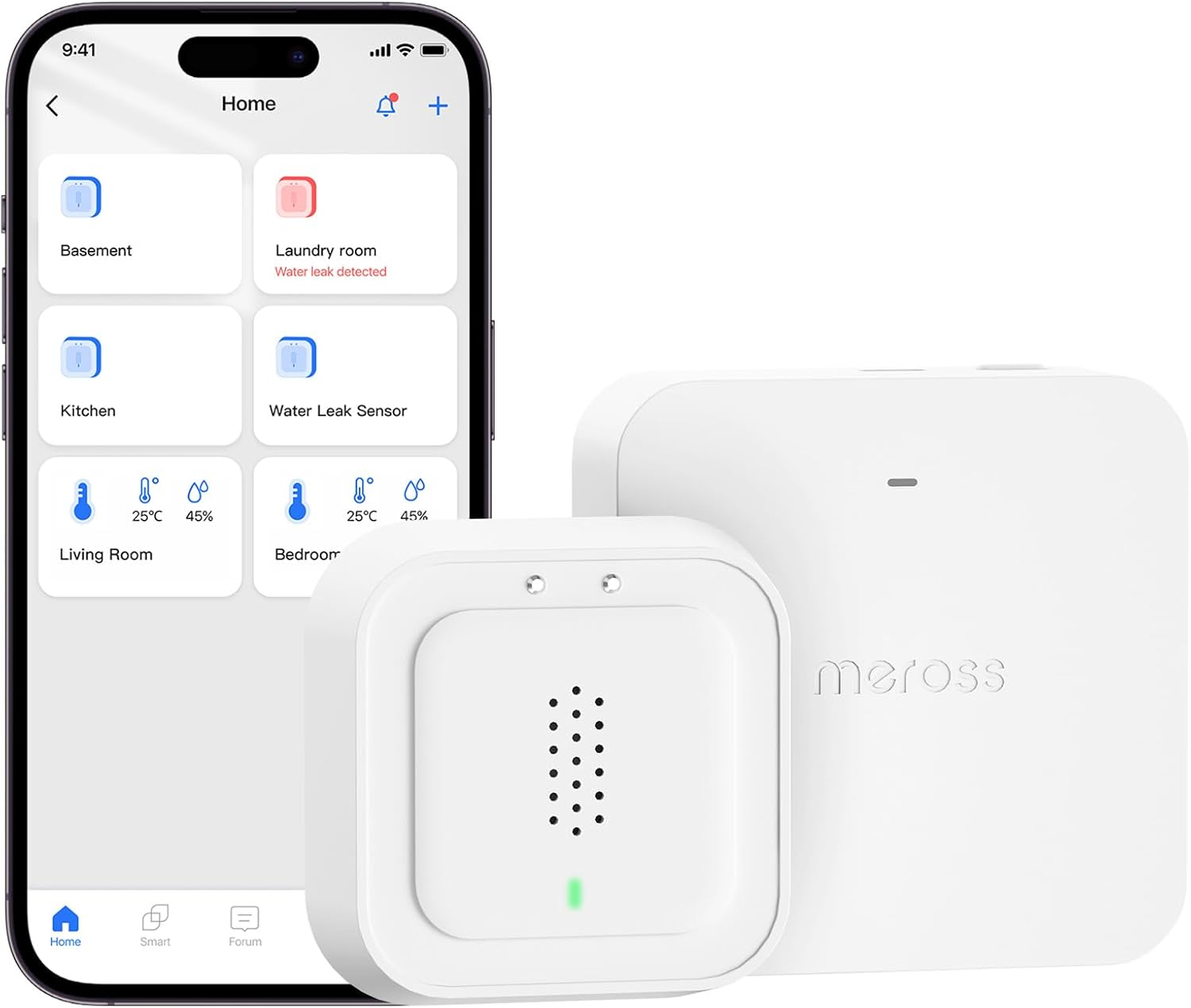 Meross Smart Water Detector with Hub | Water Leak Sensor WLAN IP66 | up to 100 Db Sensor & App & Hub Alarm | Smart Water Alarm Detector for Kitchen, Bathroom, Basement | Battery for 3 Years | 2.4 Ghz