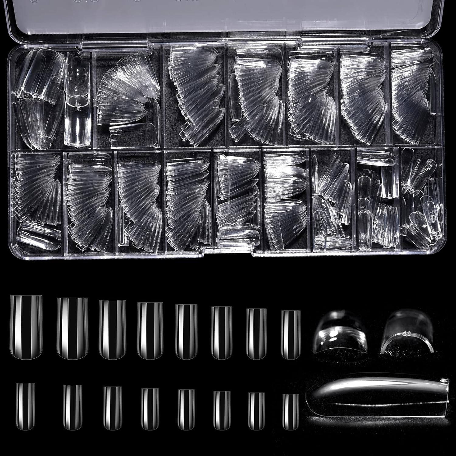 KADS 160Pcs Deep C Curve 16 Sizes Full Cover Nail Tips Clear Pre-Built False Nail Extension Thick Sculpted Acrylic Nail Tip for Flat Nails Deep Curve, Coffin