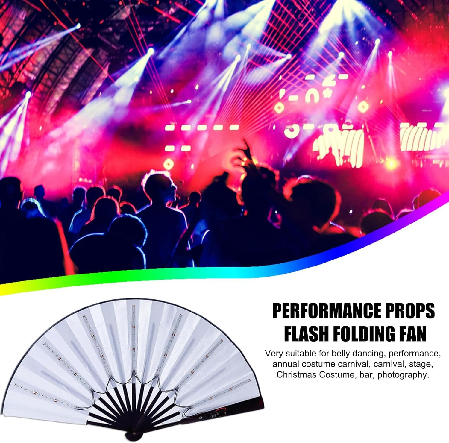 Led Glow Chinese Fan, Glowing Hand Fan, Light up Foldable Hand Fan, Stage Performance Show Light up Fan Birthday Present Wedding Night Bar Club Fluorescent Props - White image number 3