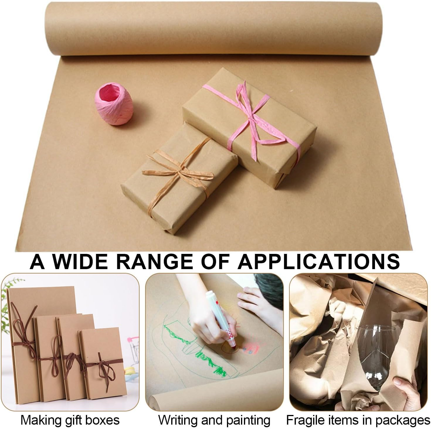 Brown Kraft Arts, Crafts Paper Roll, 17.3" X 1181.1" / 44Cm X 30M, Kraft Paper Rolls, Gift Wrapping Paper, Perfect for Packing, Wrapping, Craft, Postal, Shipping, Dunnage and Parcel image number 2