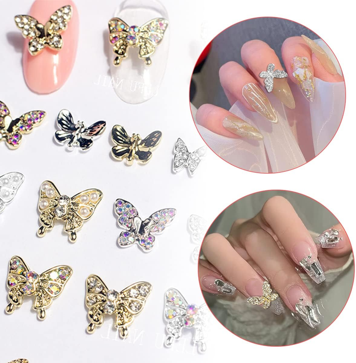 Butterfly Nail Charms,22Pcs Mixed 3D Metal Butterfly Nail Rhinestones Charms,Shiny Nail Gems Jewels Studs for Nail Art Design Decorations DIY Crafts Gold Silver image number 4
