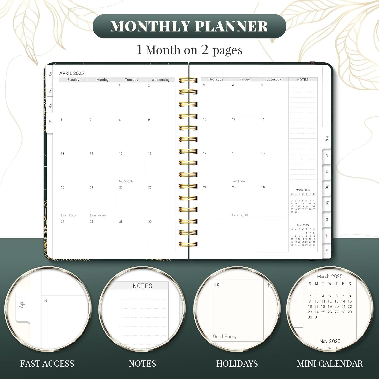 2025 Planner, A5 Weekly and Monthly Planners with Tabs, Spiral Bound Daily Calendar 2025, Agenda Organizers from Jan. to Dec., Hardcover Habit Tracker Journal 6.1" X 8.5" (Black Gold)