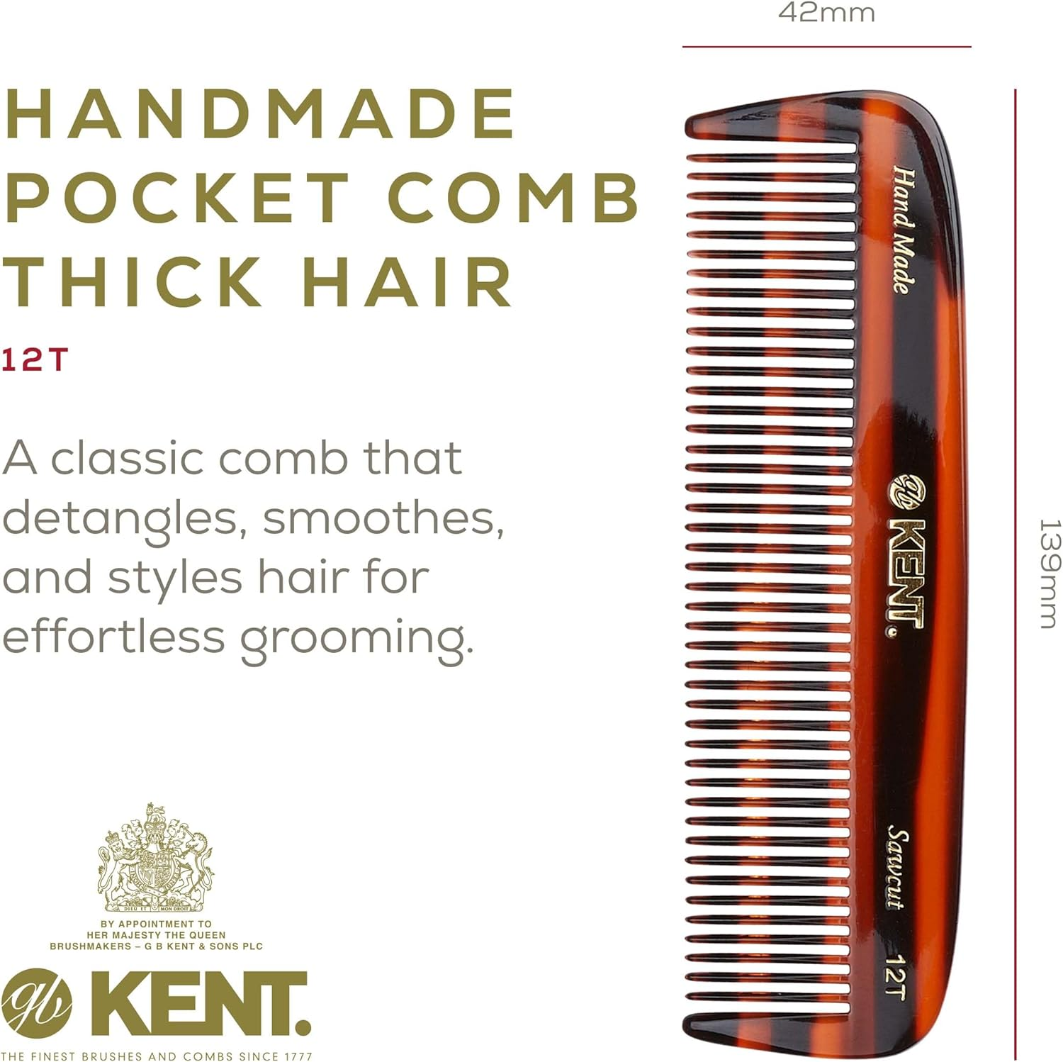 Kent 12T Wide Tooth Detangling Comb - 5.5" Handmade Pocket Comb for Thick, Curly, and Wavy Hair, Large Tooth Grooming for Hair, Beard, and Mustache - Saw-Cut and Hand Polished