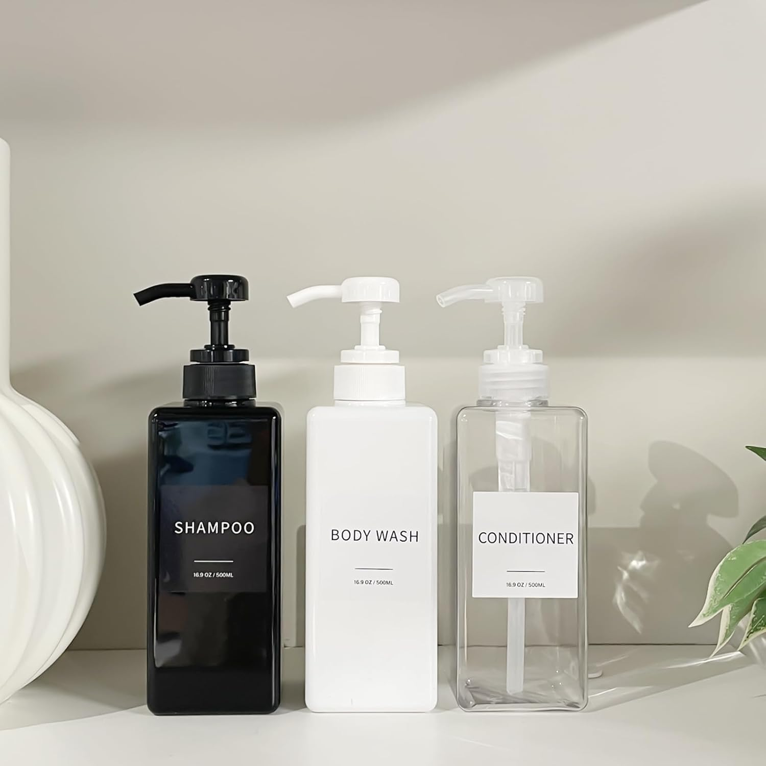 Shampoo and Conditioner Dispenser, Refillable Plastic Shampoo Pump Bottles with Waterproof Labels, Empty Body Wash Dispenser Set for Bathroom, Shower Soap Bottles (Black, Set of 3, 16.9Oz) image number 6