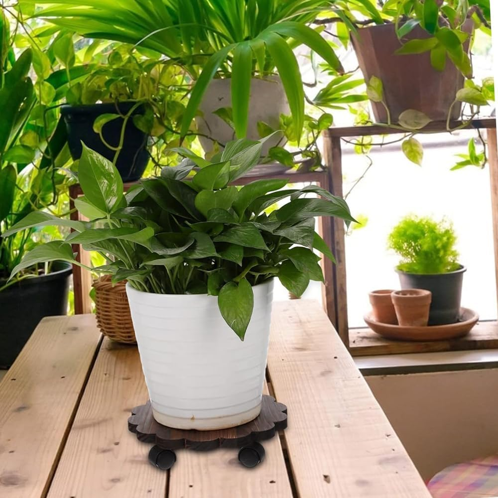 GUDAJIN 2 Pack Plant Cart, Wooden round Plant Cart, Rolling Plant Stand with 360&deg; Lockable Casters, Wooden Plant Pot Mobile Tray Base for Large Pots, Planters, Patio, Indoor Outdoor image number 2