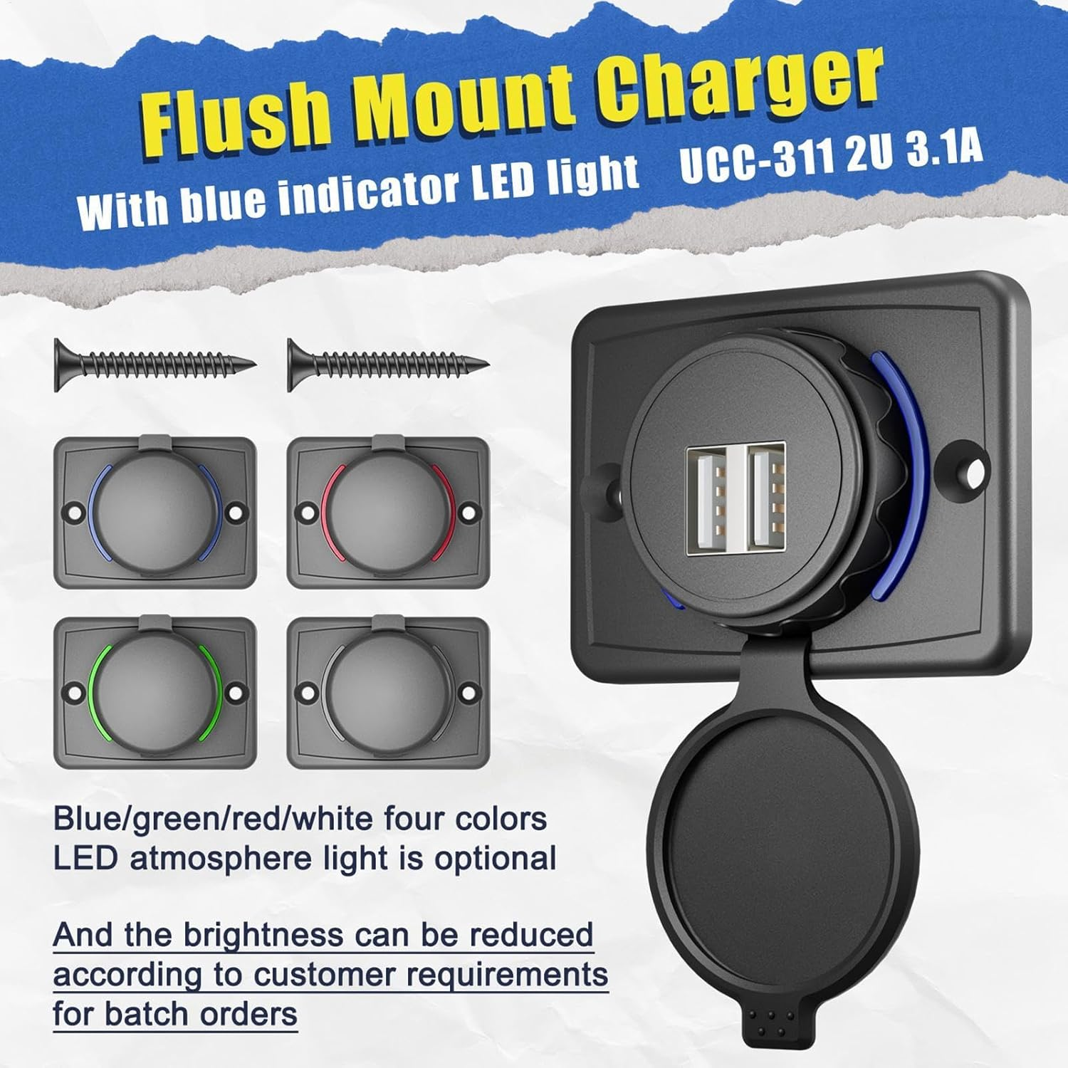 USB Outlet, RV Socket, Charging Panel, Wall Mount, USB Adapter, 3.1A USB Outlet Wall Mount,Car USB Socket, USB Charging Station, USB Outlet Adapter Replacement with Cover for ATV Bus Boat RV USB Outle