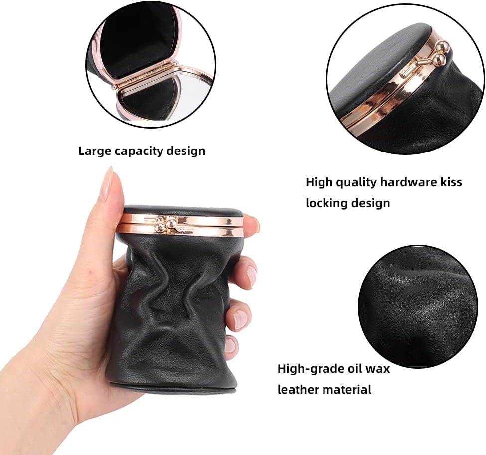 DDPOND Genuine Leather Clutch Cosmetic Bag for Women Lipstick Case Holder with Mirror Kiss Lock Makeup Purse Coin Pouch - Blue image number 6