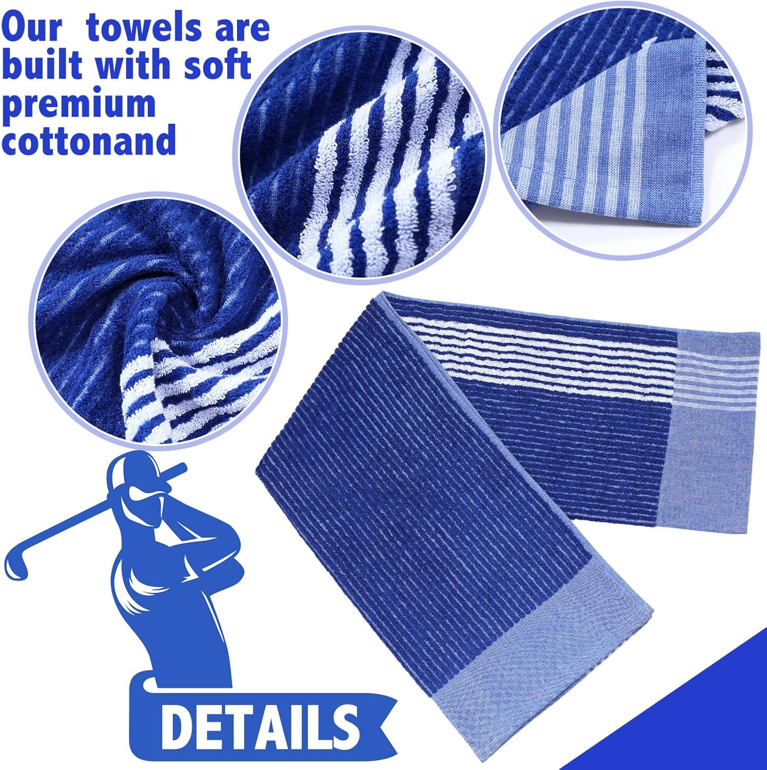 Buryeah Golf Towel 22 X 44 Inch Cotton Golf Caddy Towel Camping Large for Caddies Golfers Tour Players Club with Stripe(Blue,Gray,2 Pcs) - 3, Black,White,Blue image number 4