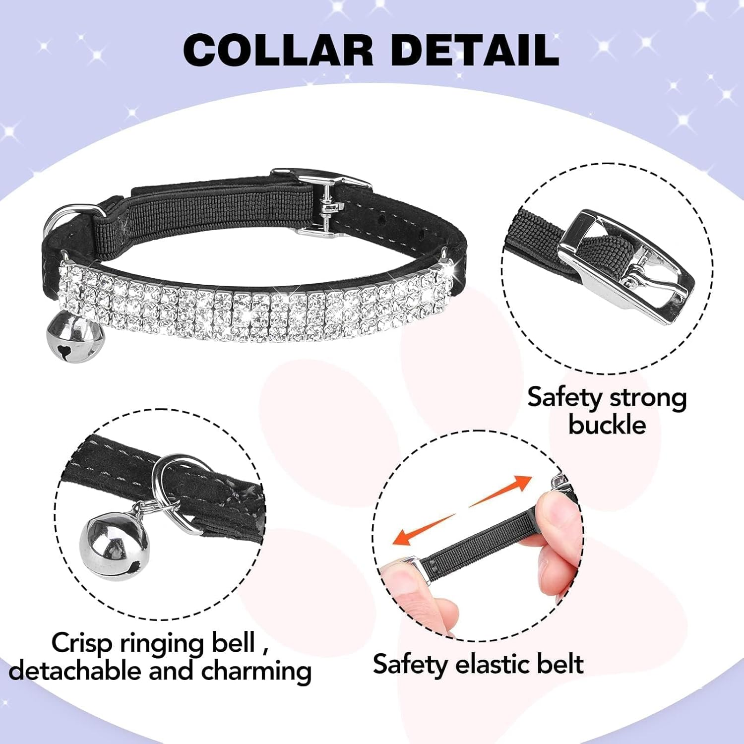 BINGPET Diamond Cat Collar, Adjustable Soft Velvet Leather Safe Kitten Collar with Shiny Rhinestones and Bells, Girl Boy Bling Stylish Cat Collars with Safety Elastic for Small Medium Cats,Black - Black image number 5