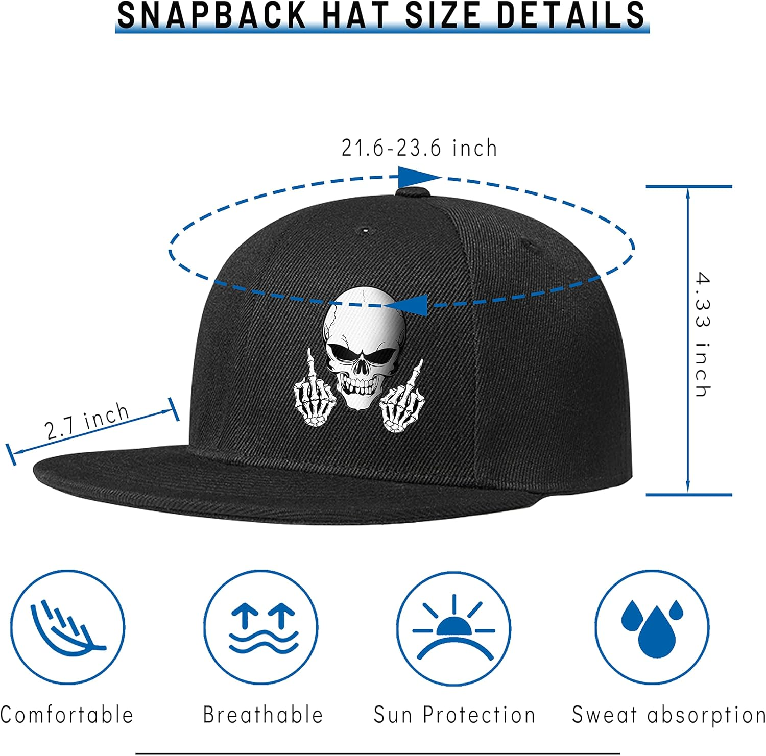 Skull Finger Flat Bill Hats for Men Black Mens Snapback Hat Baseball Cap Fitted Hat Rock N Roll Skeleton Hand Snap Backpack - Angry Bear image number 3