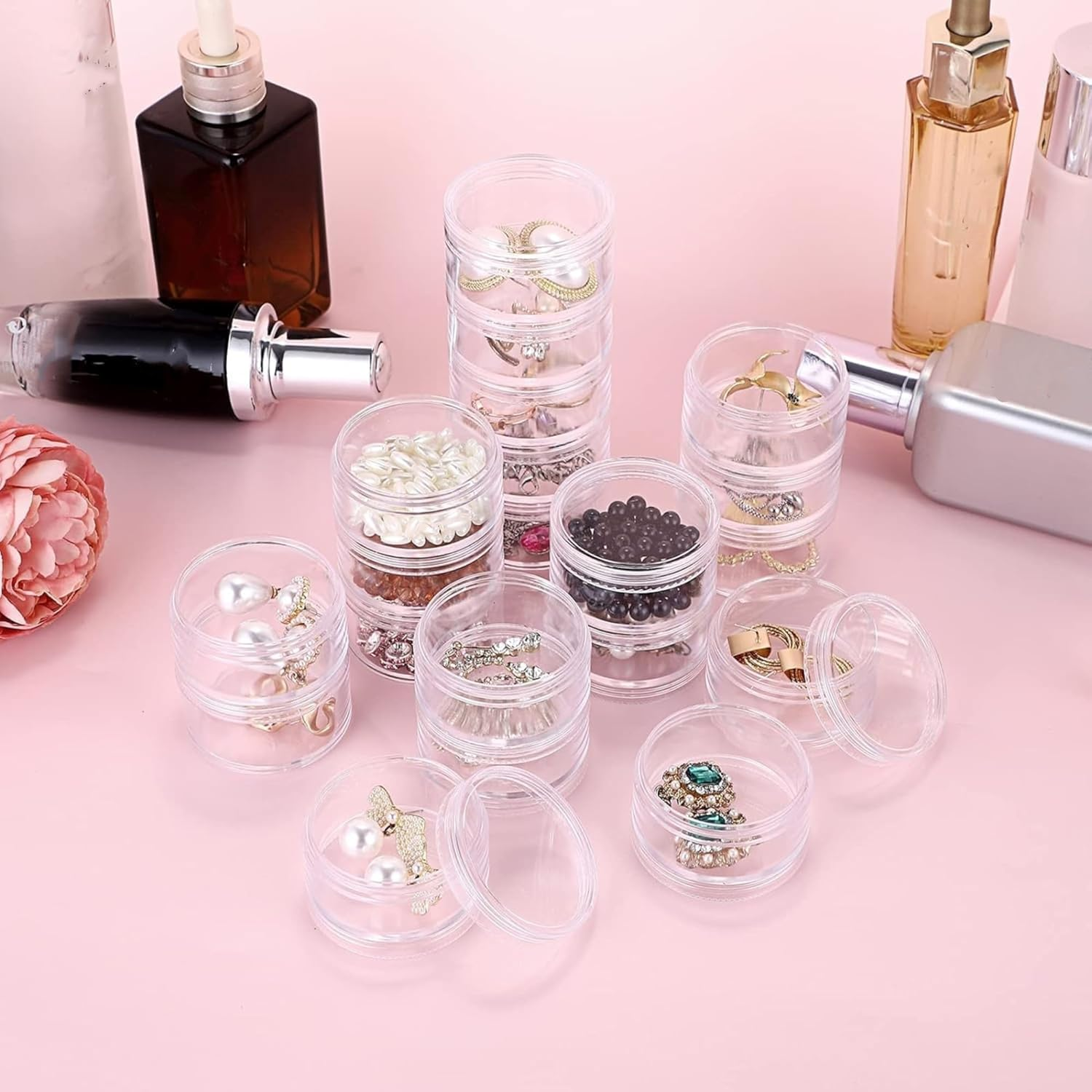 4 Set 6 Layer Clear Stackable round Plastic Containers,Small Plastic Containers for Beads, Nail Glitter, Cosmetic Samples, Travel & Home Organization image number 2