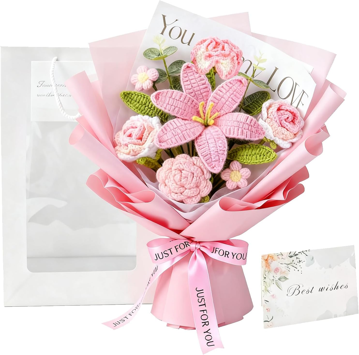 Crochet Flowers Bouquet - Hand Knitted Rose Crochet Flower Bouquet for Home Decor, Weddings, Birthdays, Mother'S Day - Includes Gift Bag and Greeting Card, Faux Crochet Flower image number 4